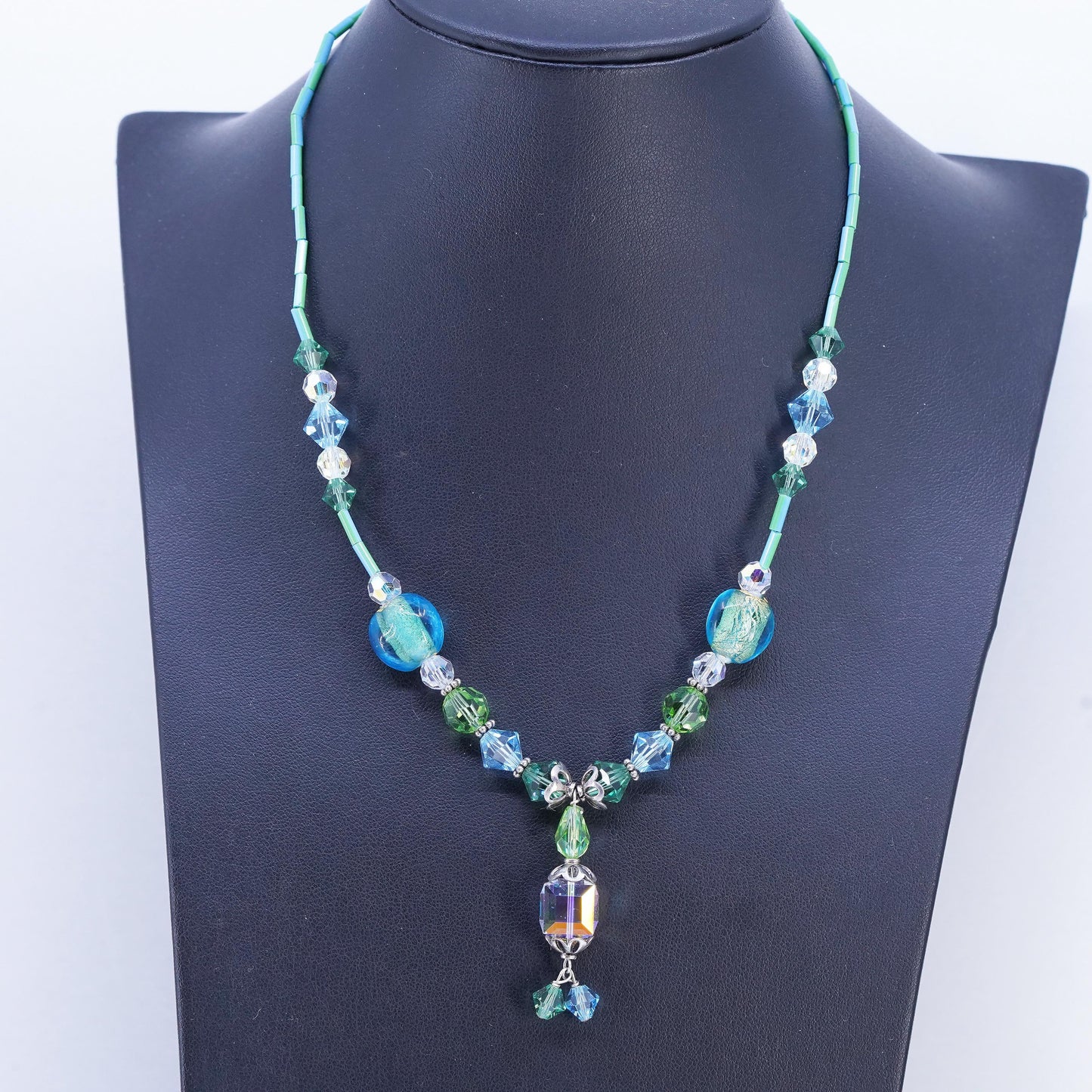 16+2", Vintage Sterling handmade necklace, 925 Silver Clasp W/ green AB Crystal
