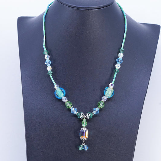 16+2", Vintage Sterling handmade necklace, 925 Silver Clasp W/ green AB Crystal