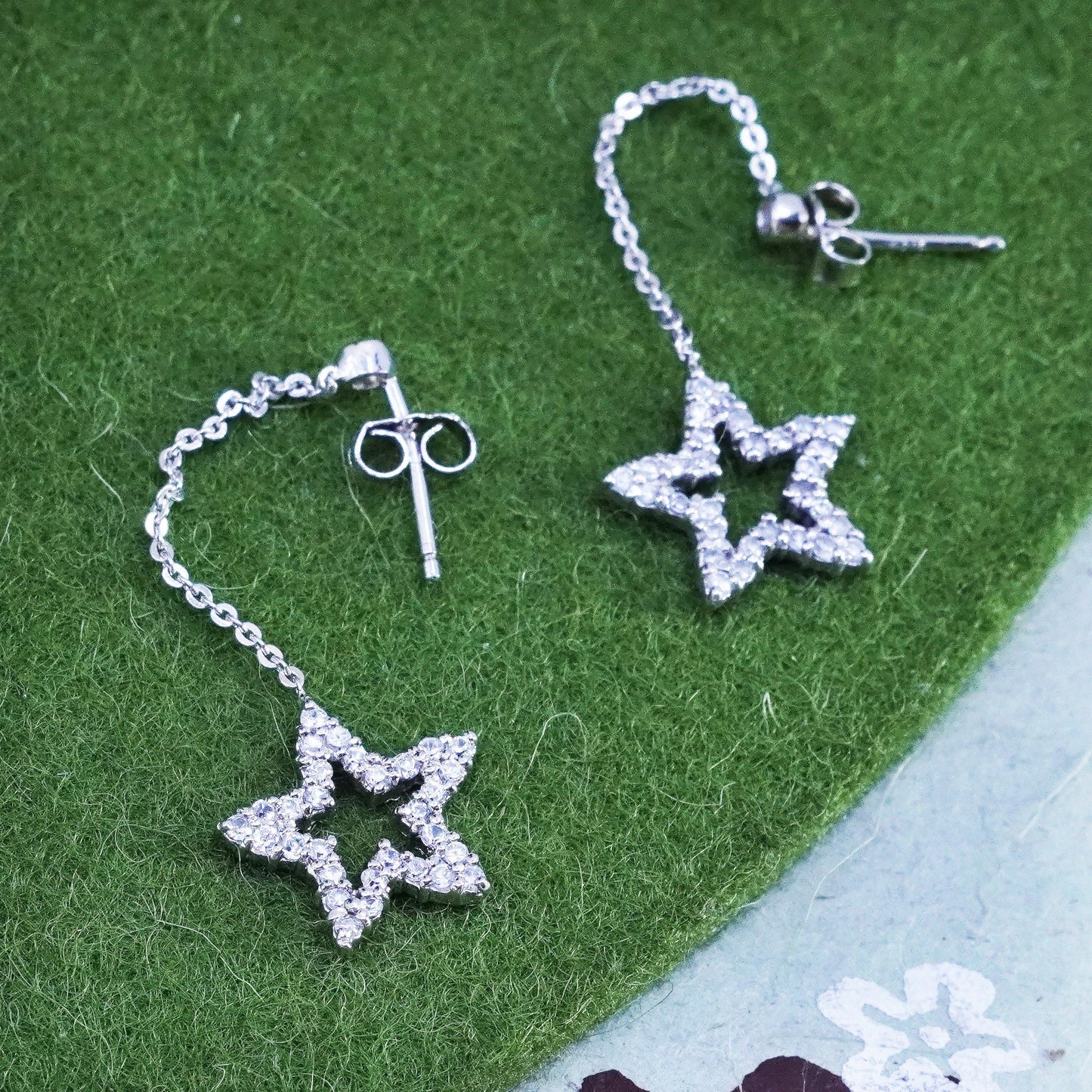 Vintage Sterling 925 silver handmade star earrings with cluster cz