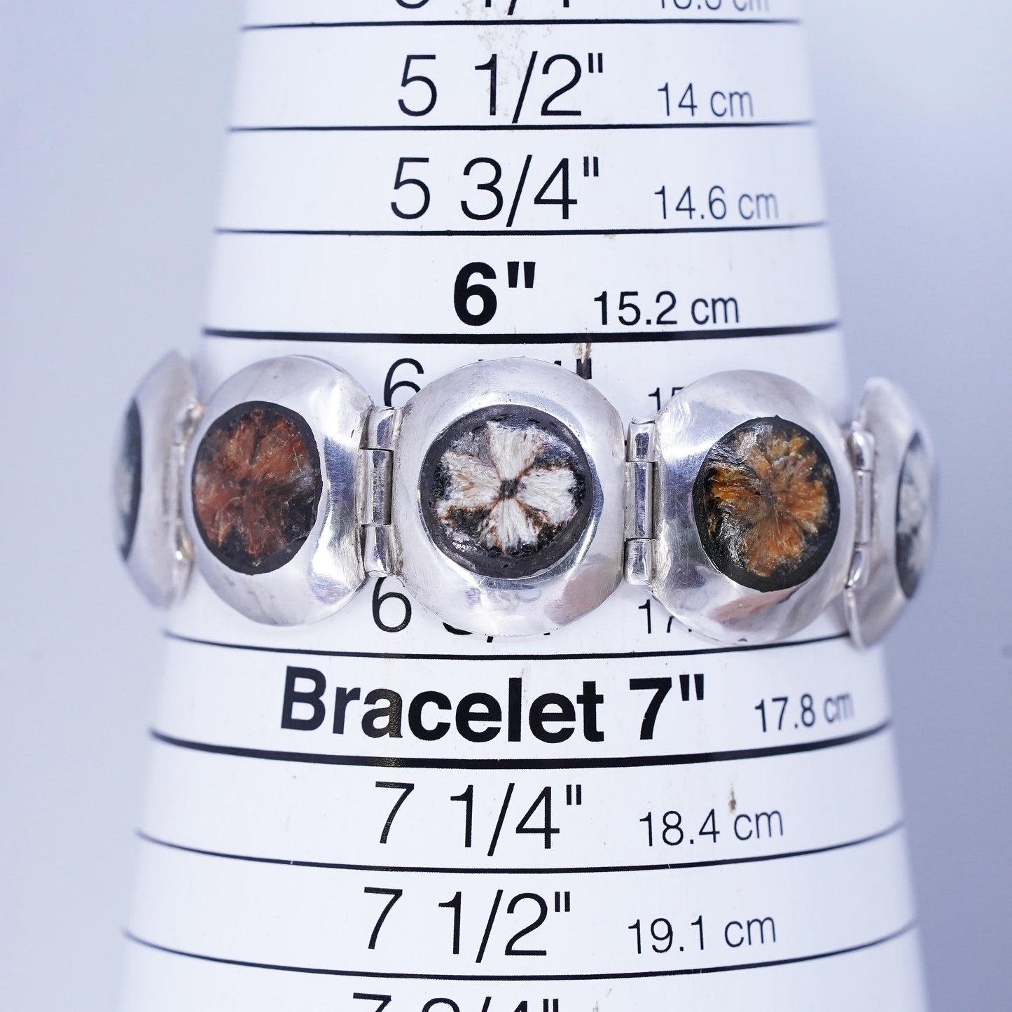 6.5”, VTG southwestern Sterling 950 Silver Chrysanthemum Stone Panel Bracelet