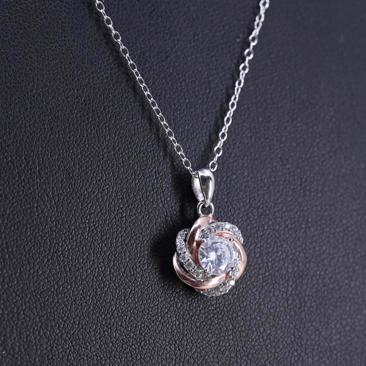 18”, vintage Sterling silver handmade necklace, 925 circle chain w/ cz pendant