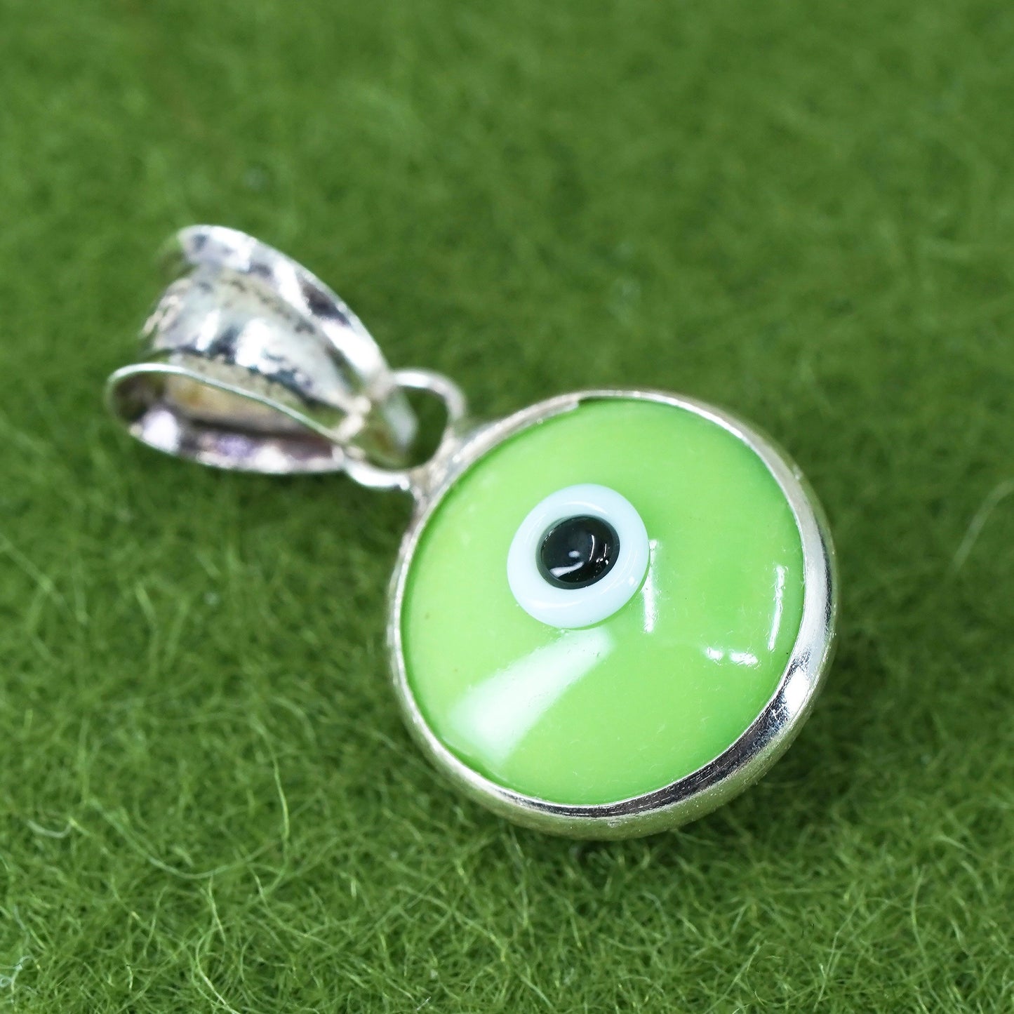 Vintage Mexico sterling silver with handmade green evil eye glass pendant