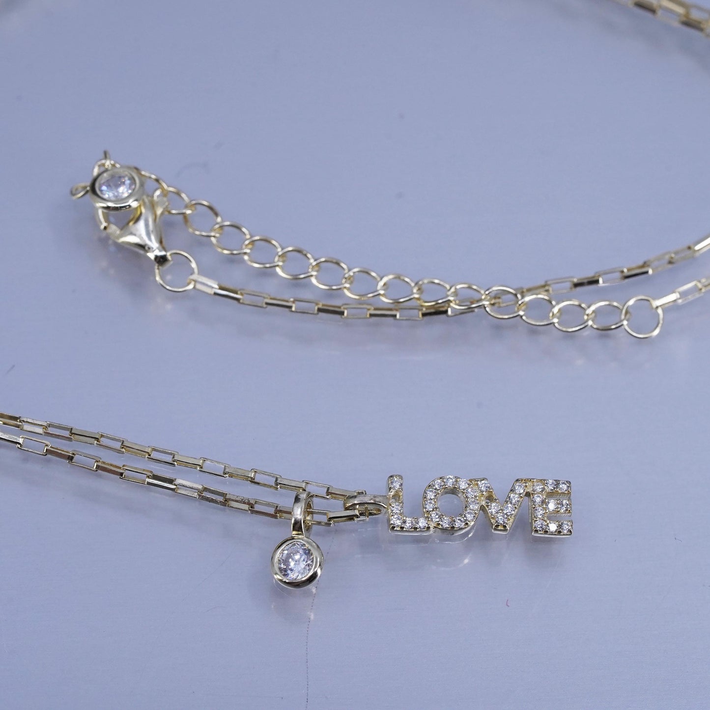 16+2”, Sterling 925 silver elongated chain necklace with gold Love pendant Cz