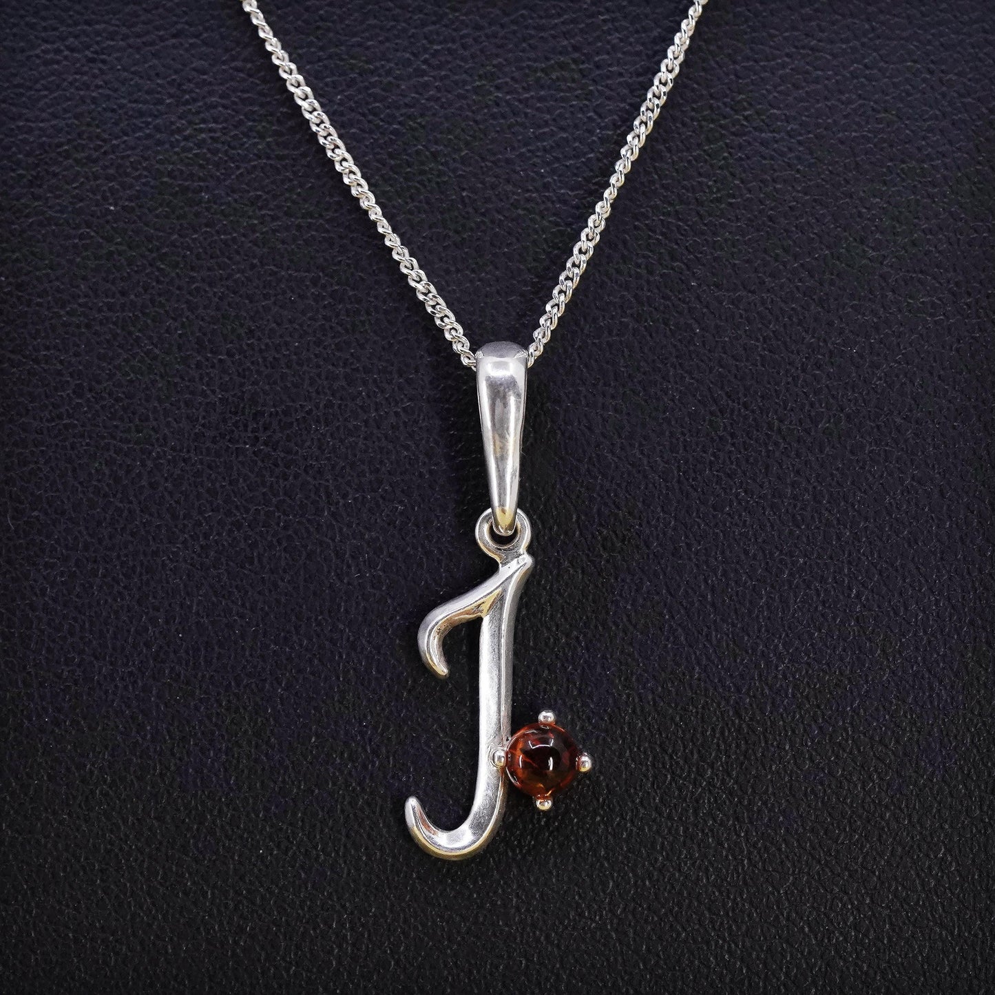 18” Vintage Sterling 925 silver curb necklace with letter J pendant amber bead