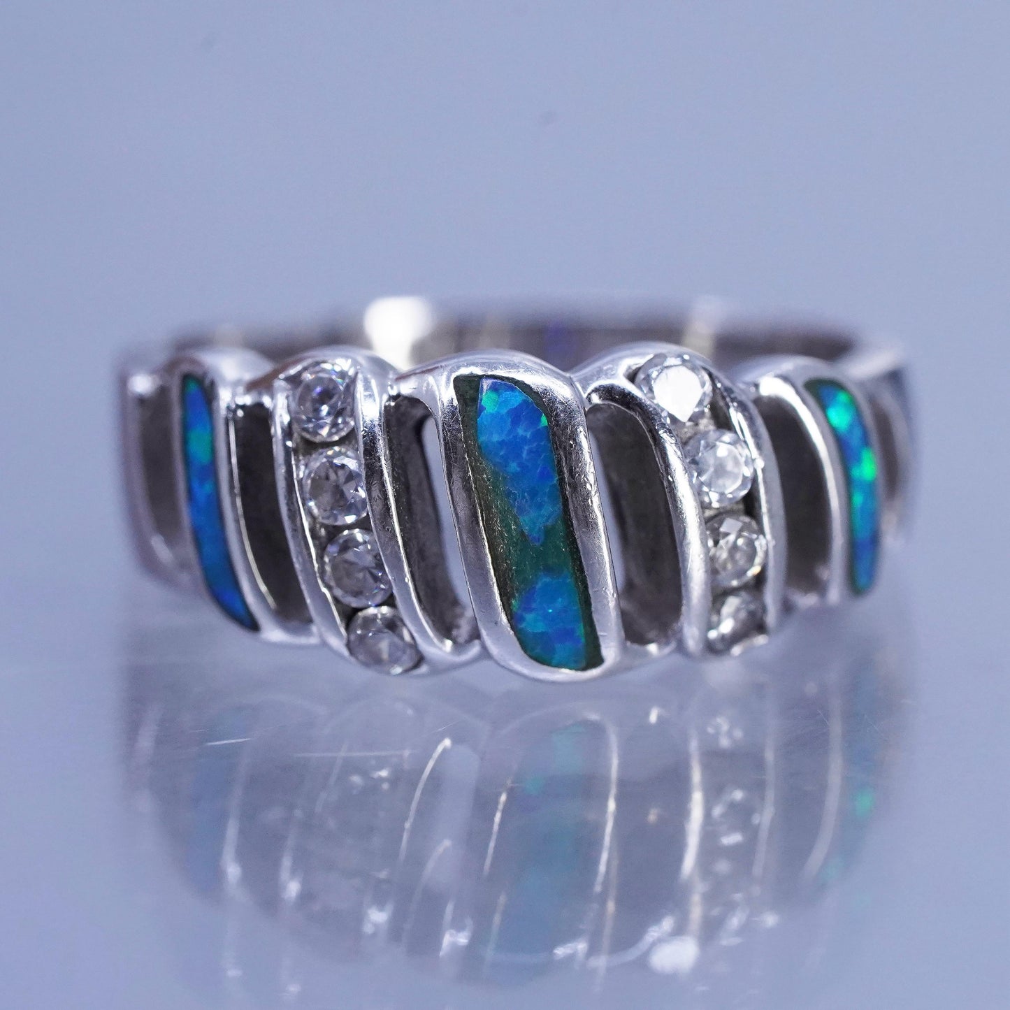Size 8, vintage Sterling 925 silver handmade ring with opal and cz