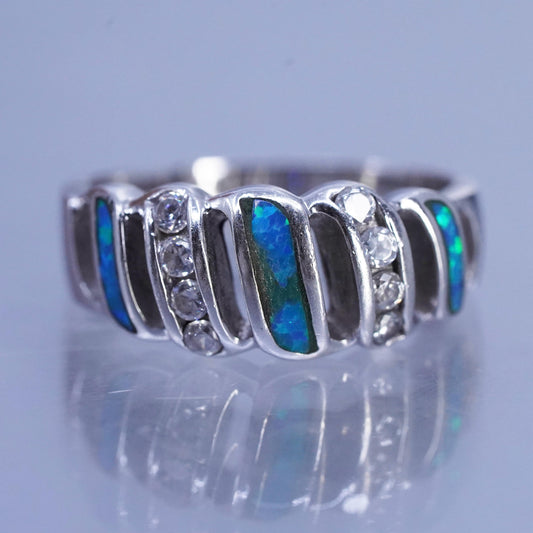 Size 8, vintage Sterling 925 silver handmade ring with opal and cz