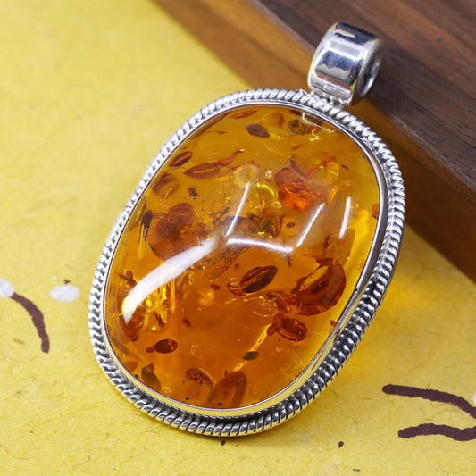 Vintage modern Sterling 925 silver handmade huge pendant with amber pendant