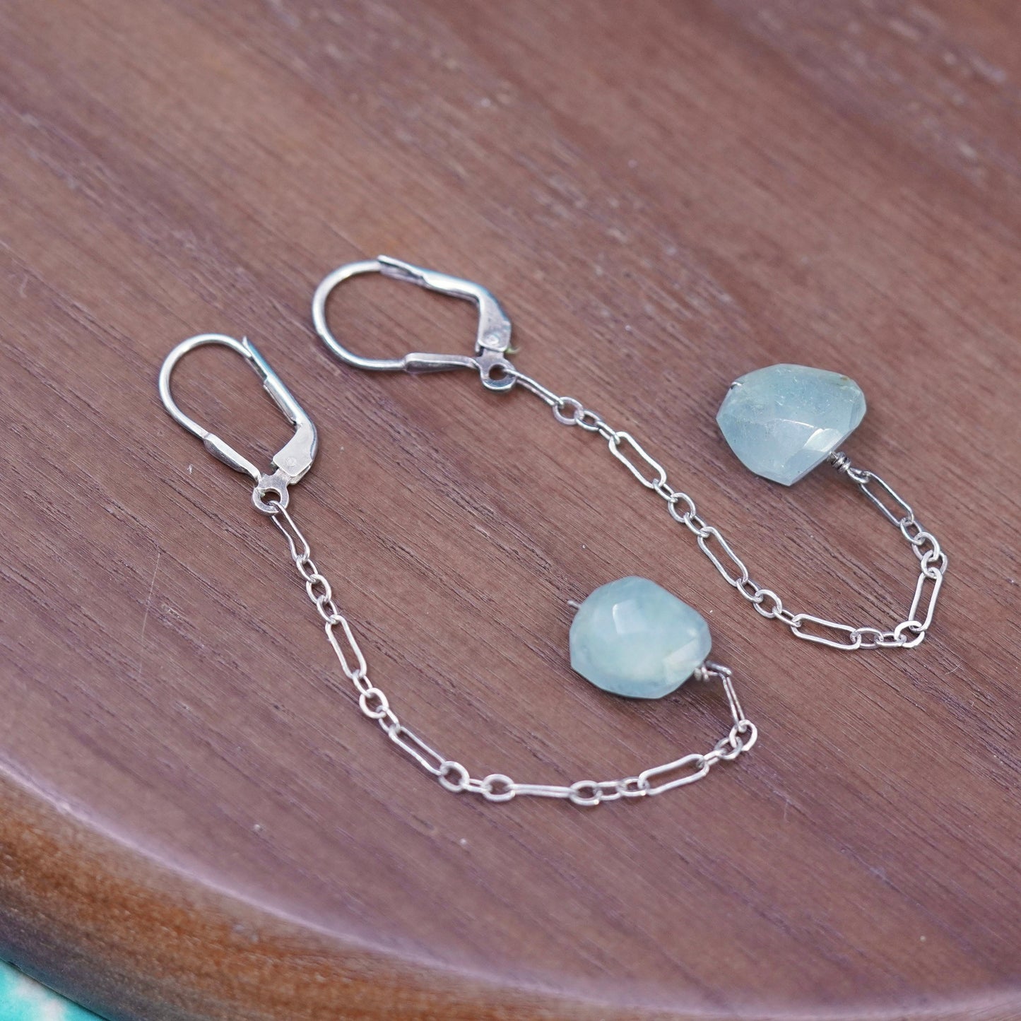 Vintage sterling silver handmade earrings, 925 chain drop with jadeite nugget