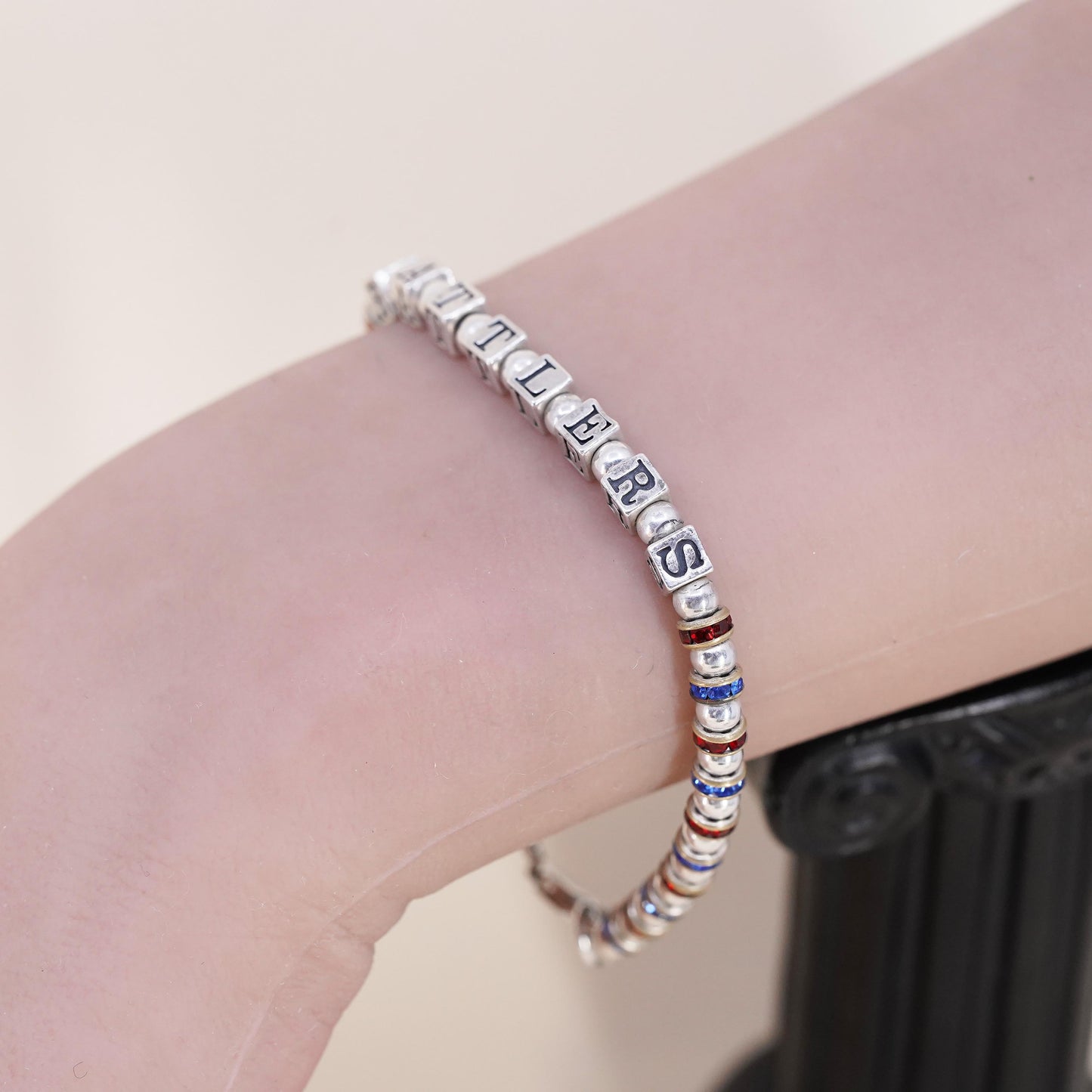 7", vintage Sterling 925 Silver and crystal beads bracelet name Rattlers cubes