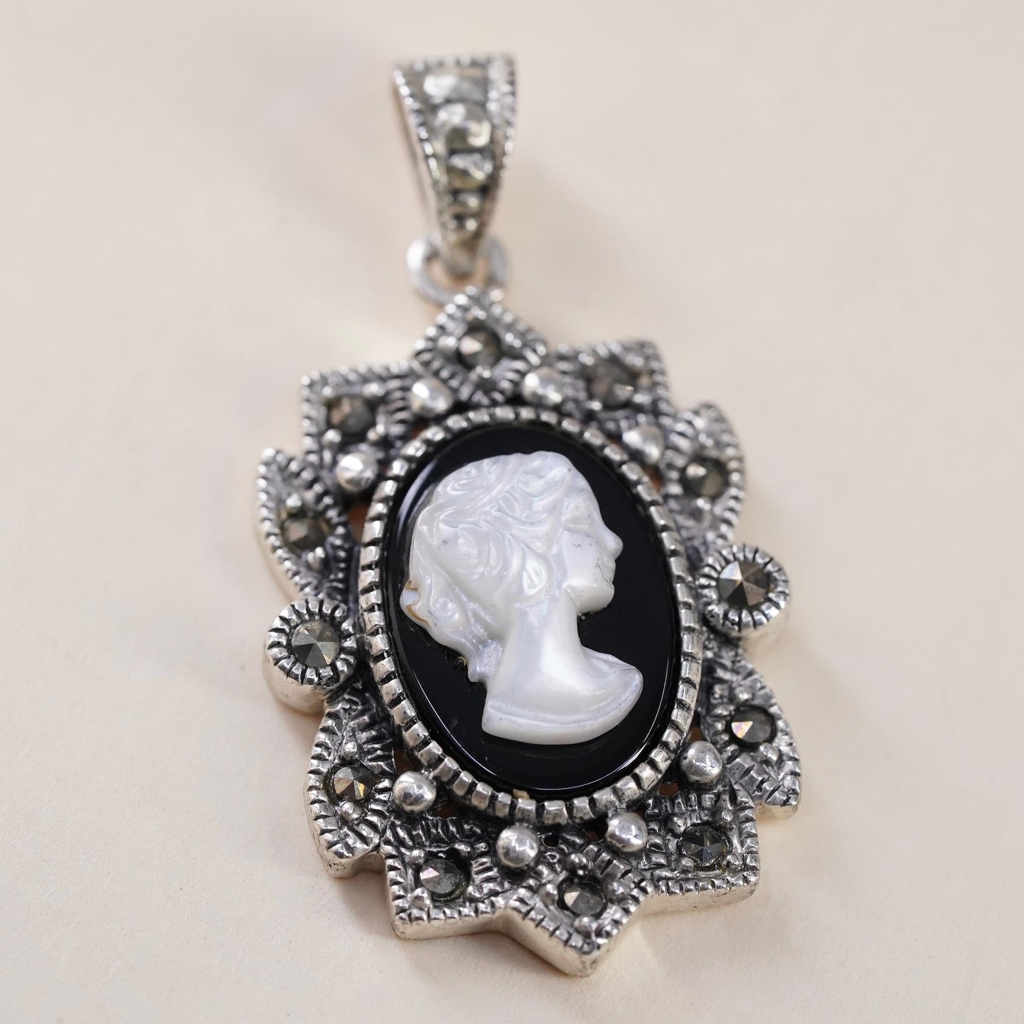 VTG Sterling 925 silver pendant mother of pearl cameo lady cluster marcasites