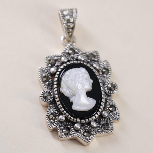 VTG Sterling 925 silver pendant mother of pearl cameo lady cluster marcasites