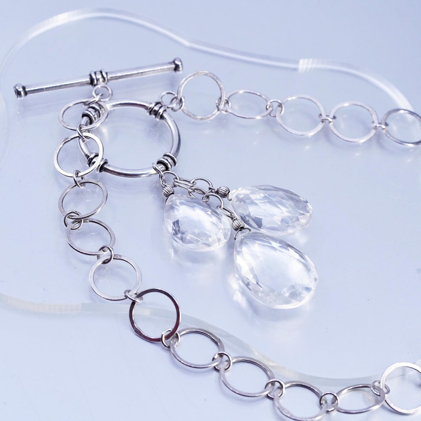 16", Sterling 925 silver flatten circle necklace teardrop crystal pendant