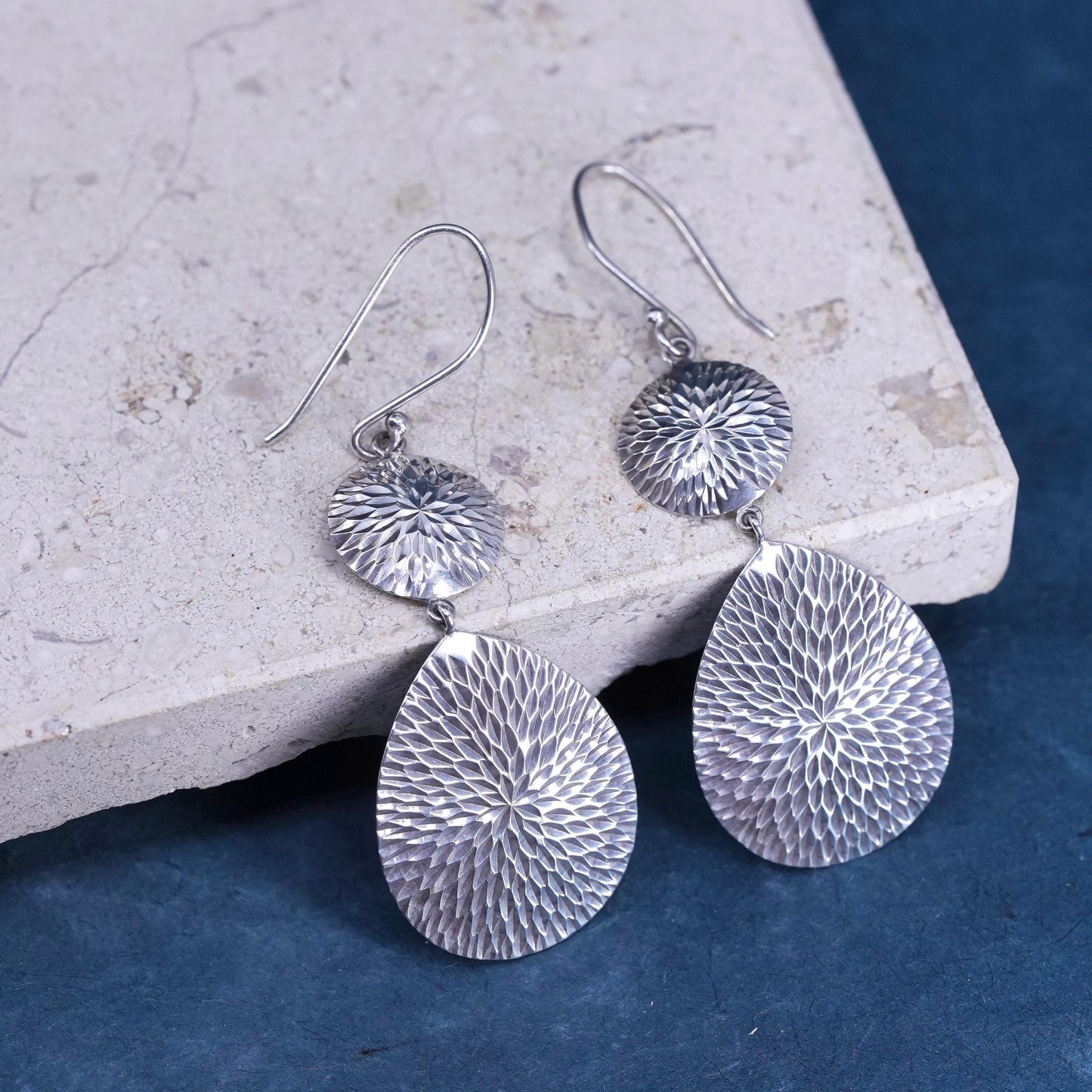 Vintage sterling silver handmade earrings, textured 925 teardrop drops