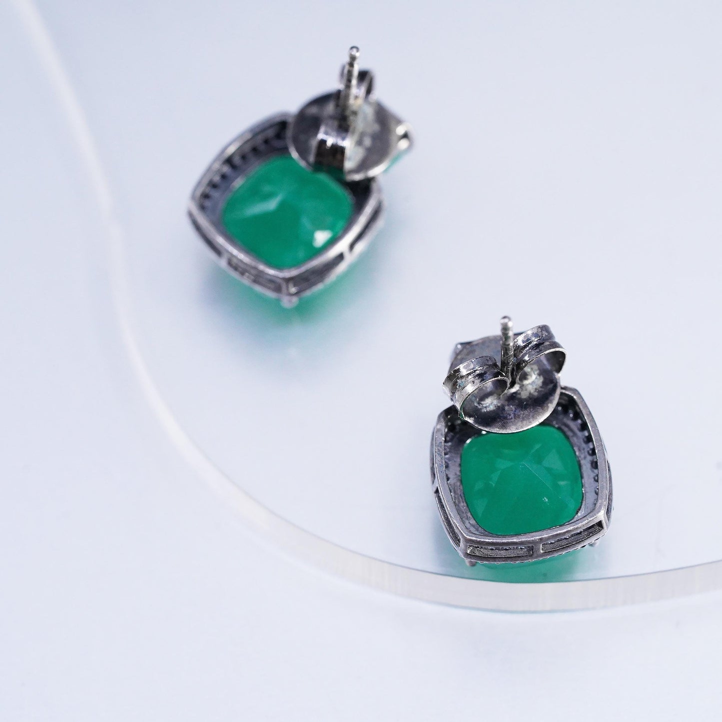 Vintage Oxidized 925 Sterling Silver Green Onyx Stud Earrings Black Spinel Halo