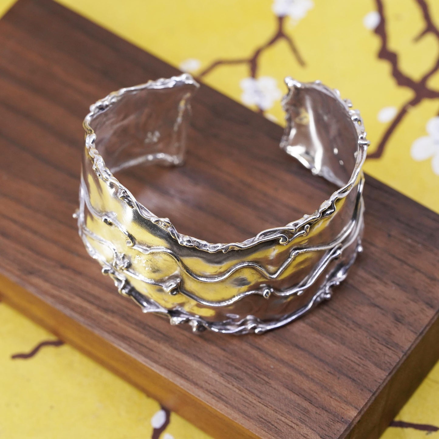 6.5", Vintage Sterling silver handmade bracelet, 925 wide cuff hammered texture