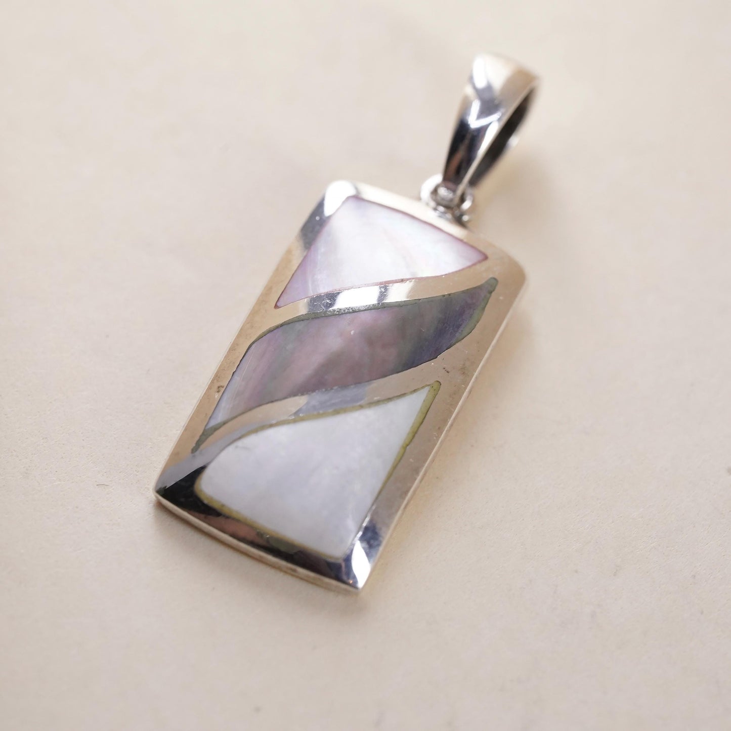 Vintage sterling 925 silver rectangular pendant mother of pearl abalone inlay