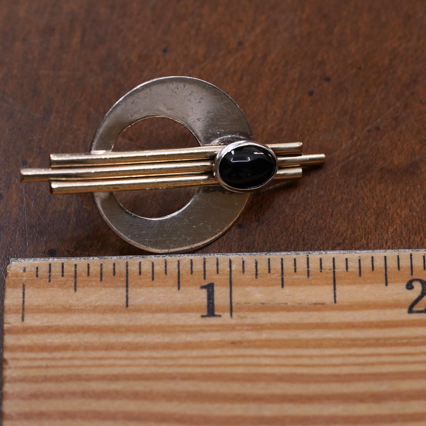 PJP gold filled two tone sterling silver single earring, modern 925 disc onyx