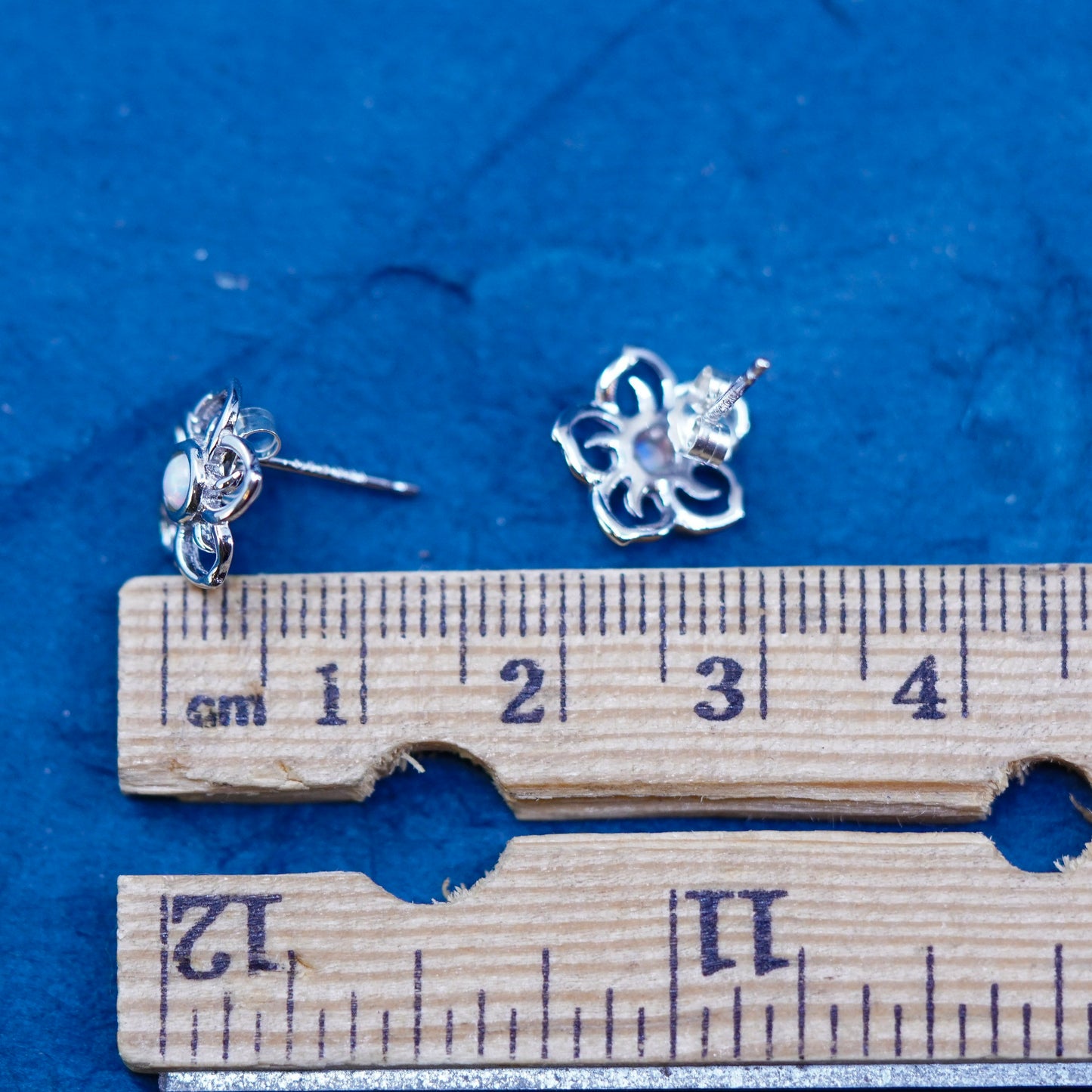 Vintage sterling silver handmade earrings, 925 flower studs with opal