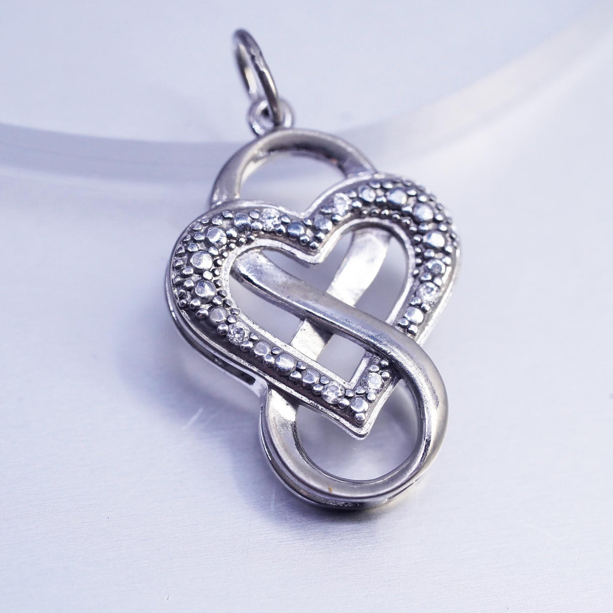 Vintage Sterling Silver Diamond Heart Infinity Pendant, 925 Love Knot Eternity