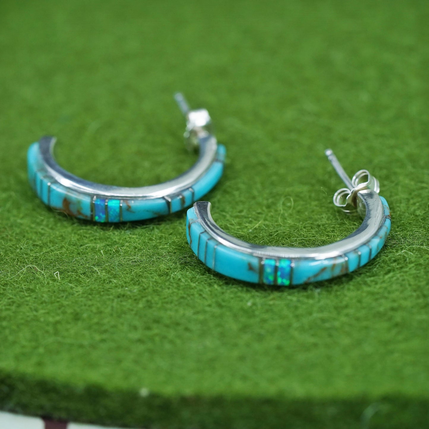 1”, Native American Sterling silver earrings, 925 huggie studs turquoise opal