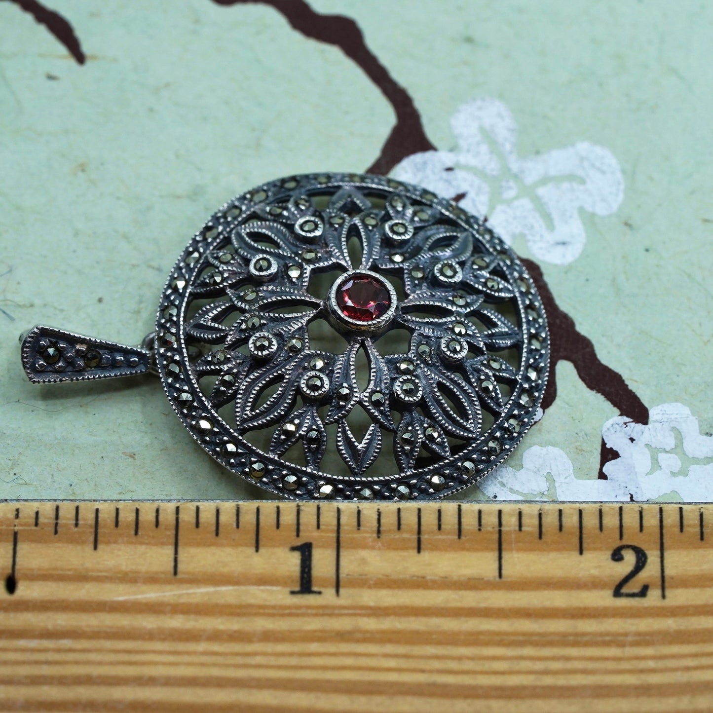 Judith Jack sterling 925 silver handmade filigree pendant with ruby marcasite