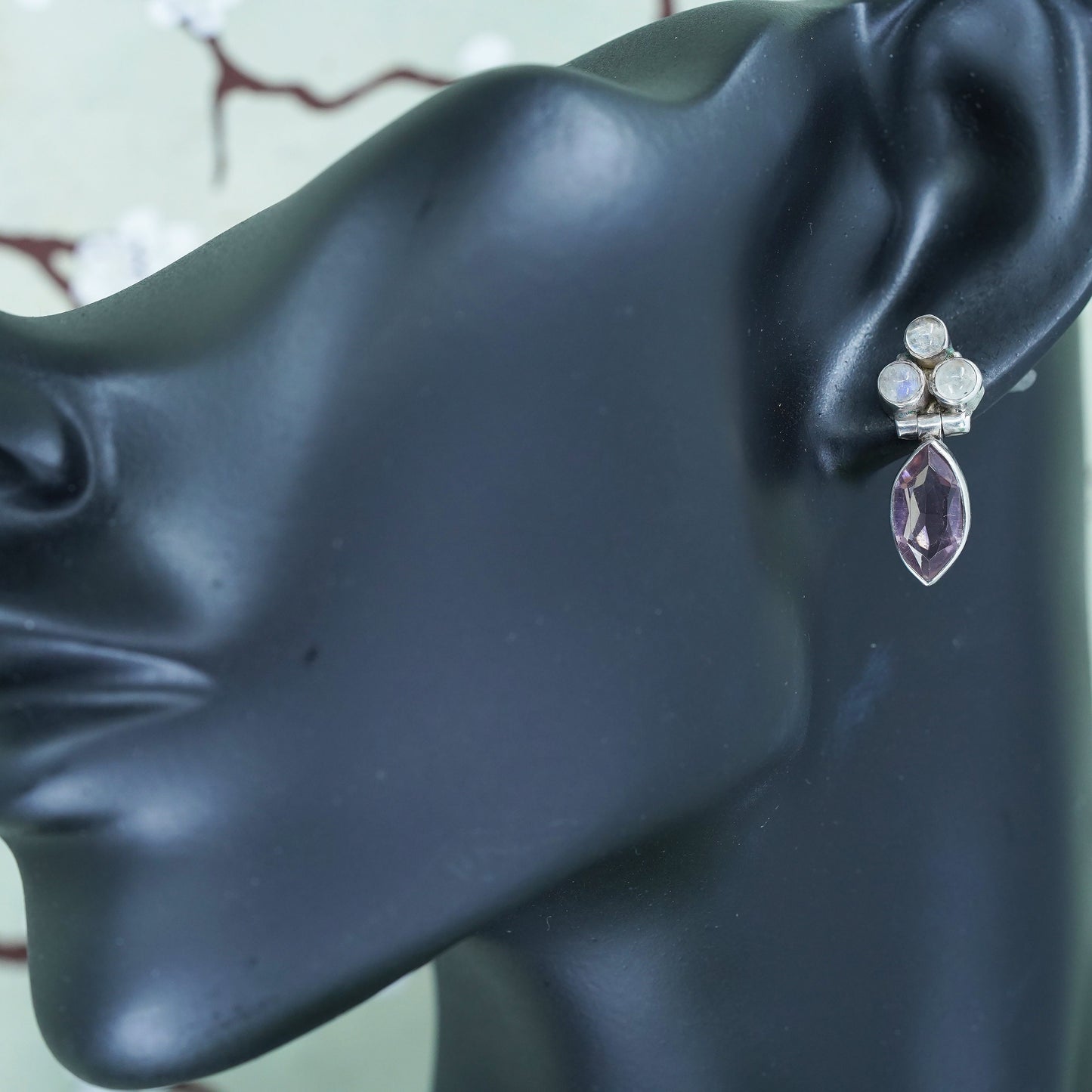 Vintage Sterling 925 silver handmade earrings with amethyst and moonstone