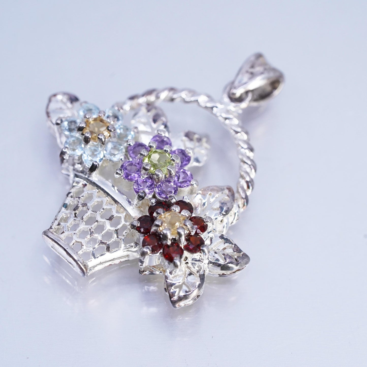 Vintage Sterling 925 Silver Flower Basket Pendant Multi Gemstone Floral Bouquet