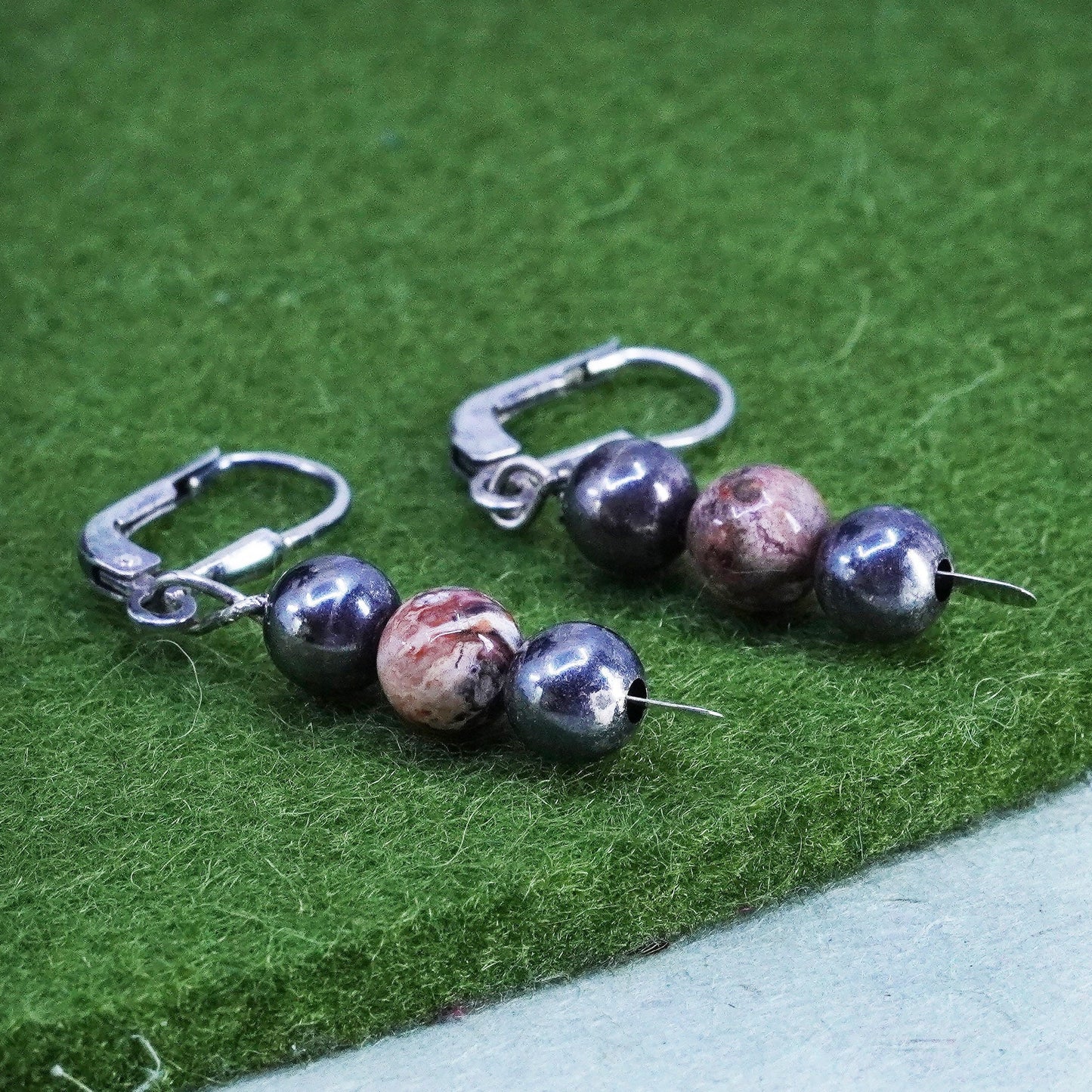 Vintage 925 Sterling silver handmade earrings with hematite and jasper