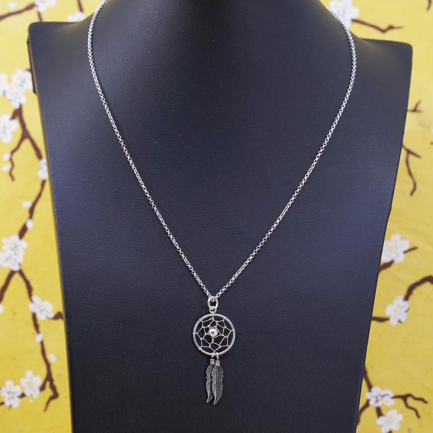 16+2", vintage sterling 925 Silver necklace net pendant and feather dangles
