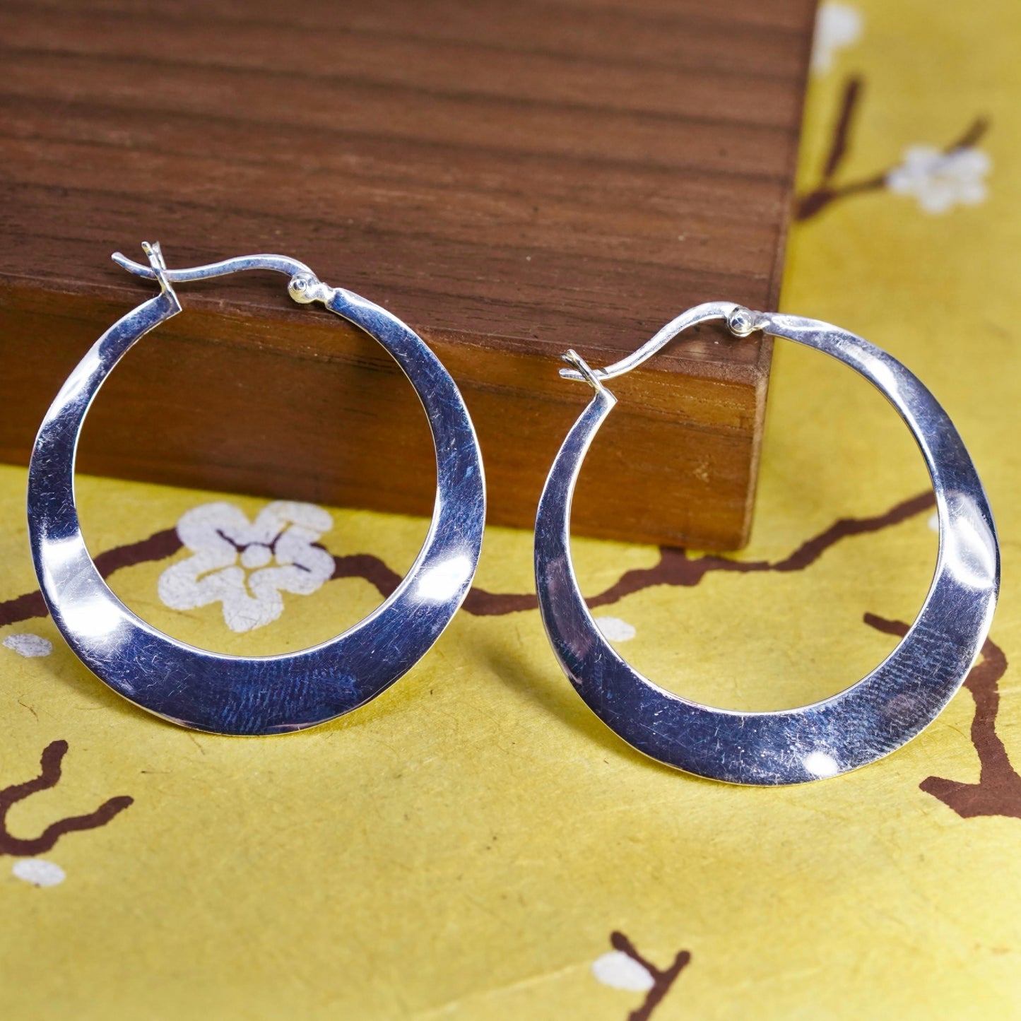 1.5", vintage Sterling silver handmade earrings, flatten wavy 925 silver hoops