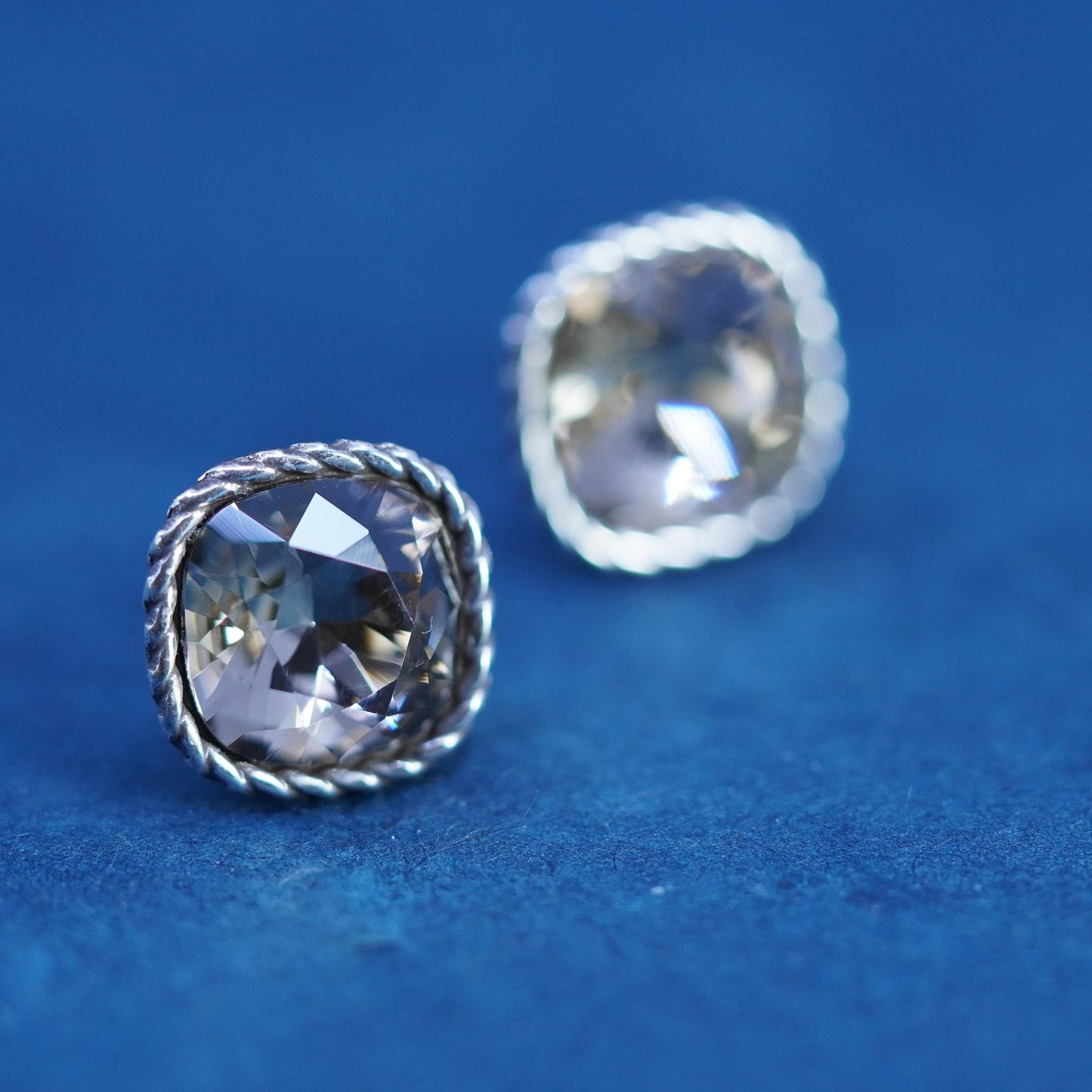 Vintage sterling silver handmade earrings, square 925 studs with CZ inlay