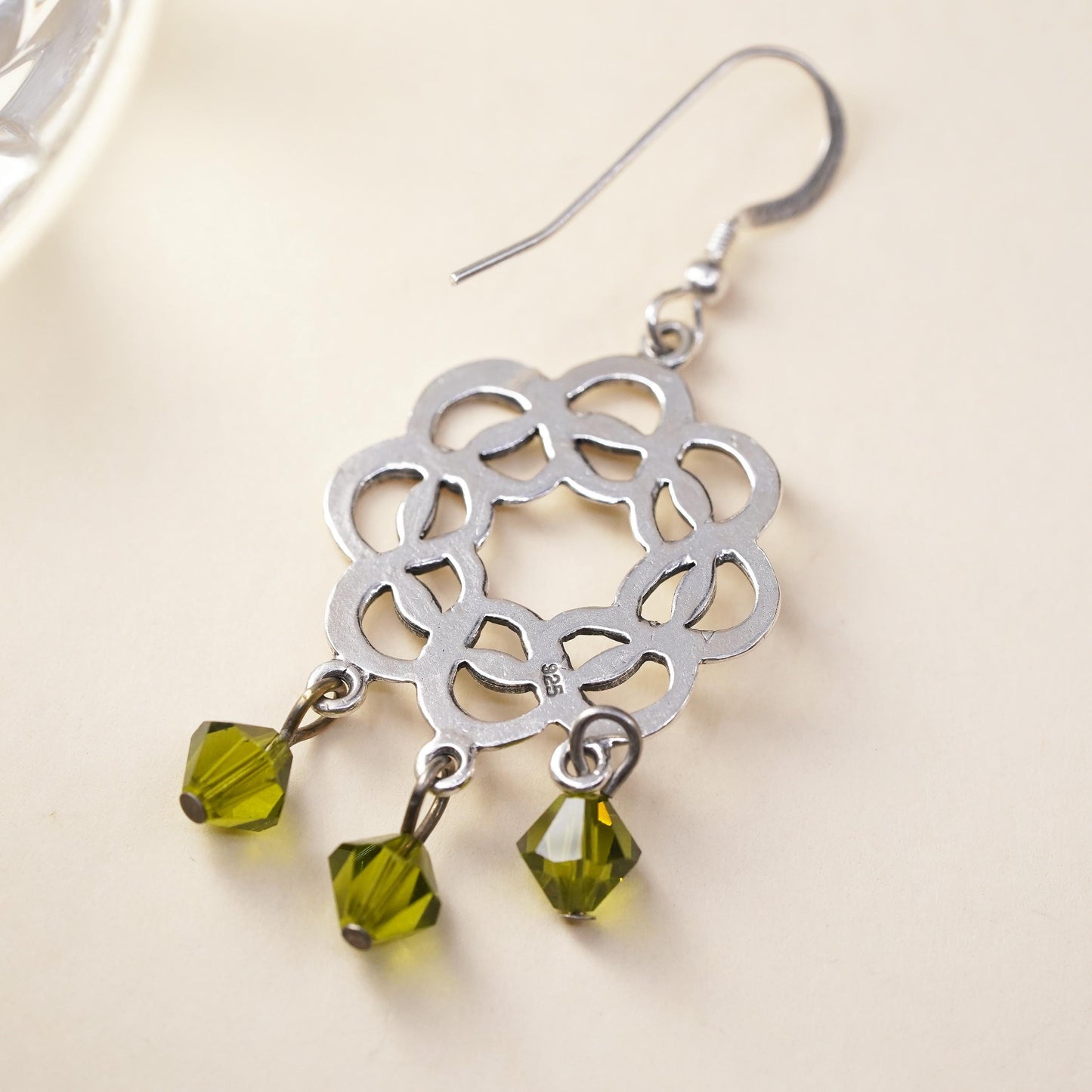 sterling silver single earring, 925 silver Irish Celtic knot peridot dangles