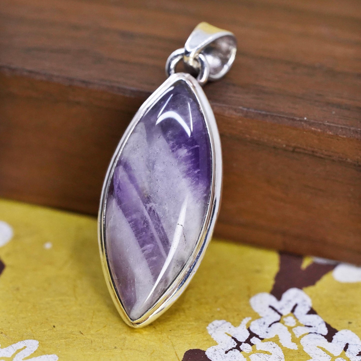 Vintage Sterling 925 silver handmade marquise shaped pendant with amethyst