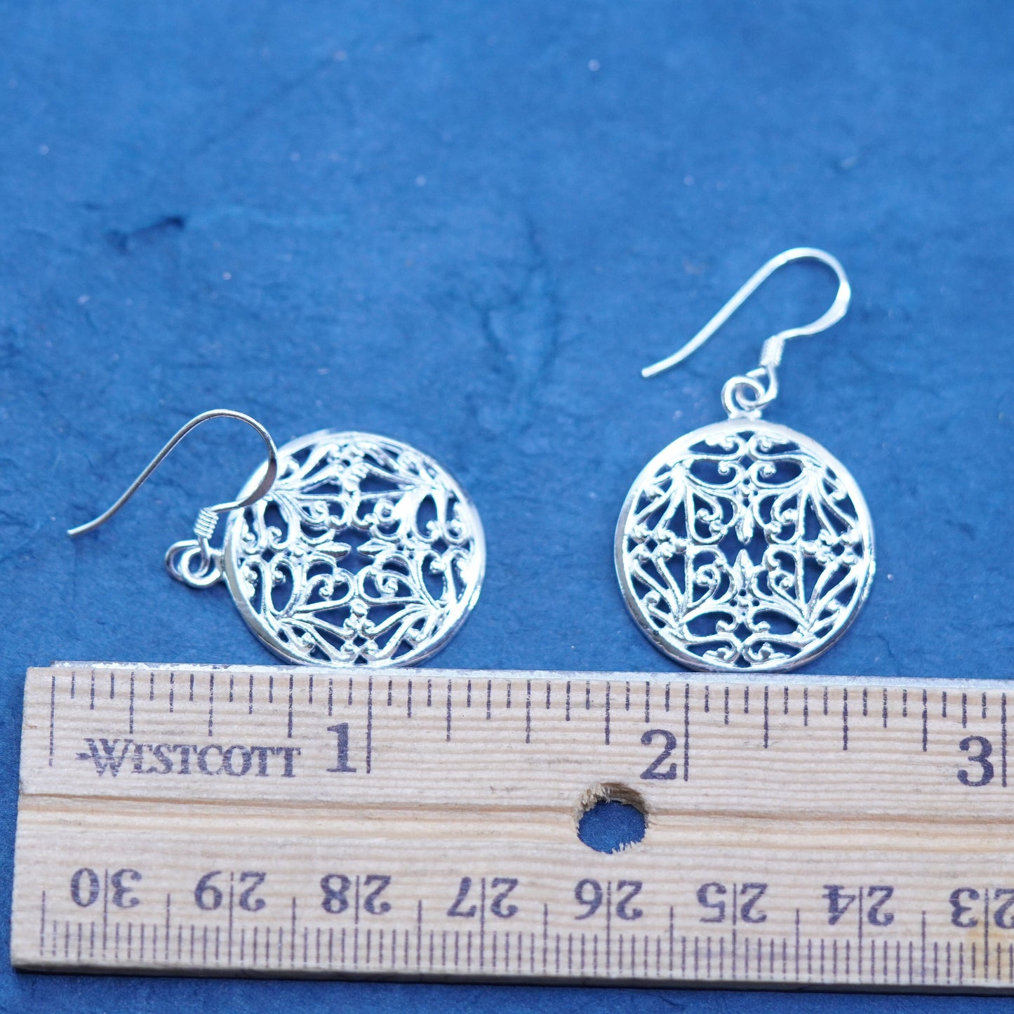 Vintage sterling silver handmade earrings, 925 circle filigree flower drop