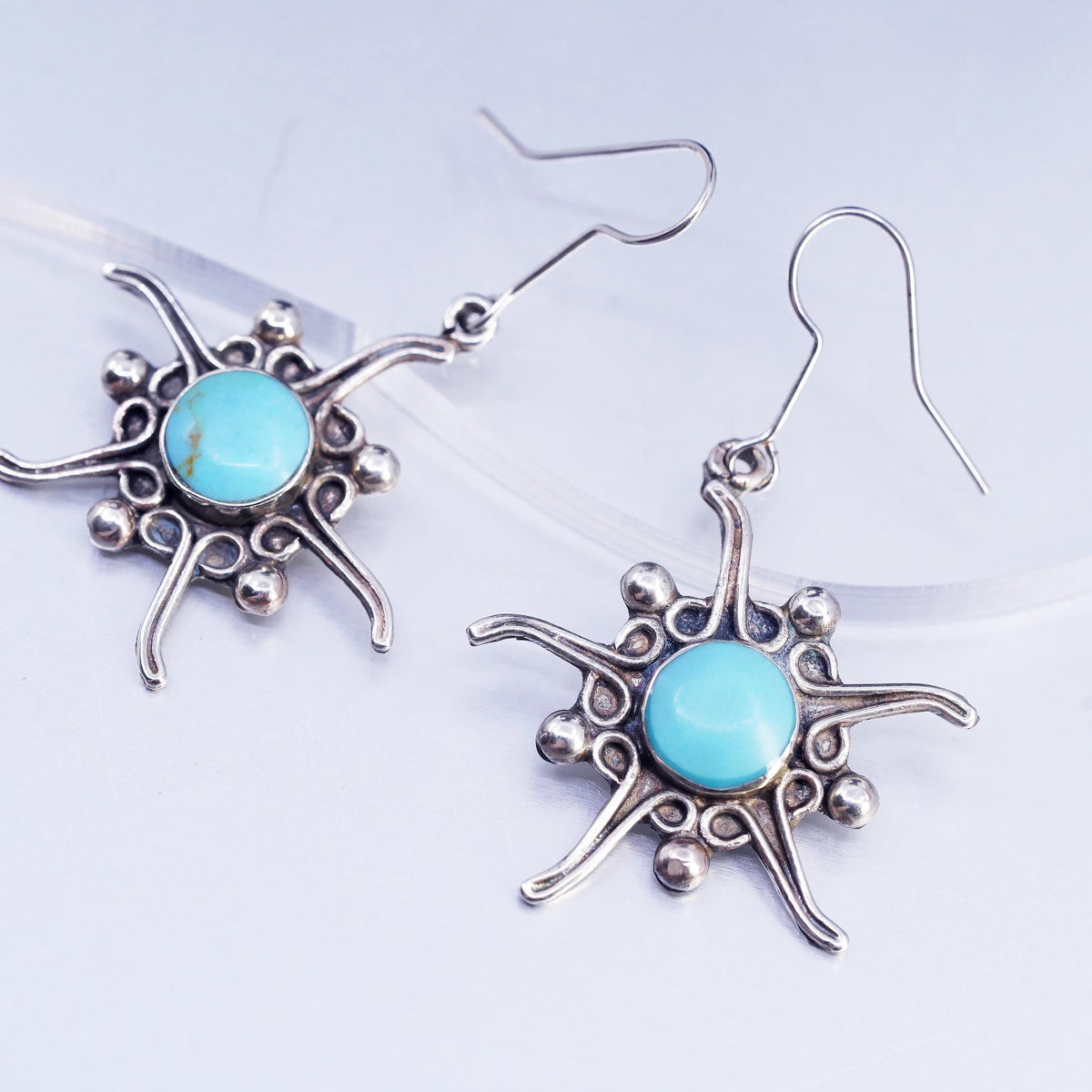 Vintage handmade Sterling 925 Silver earrings, Turquoise Sun dangles