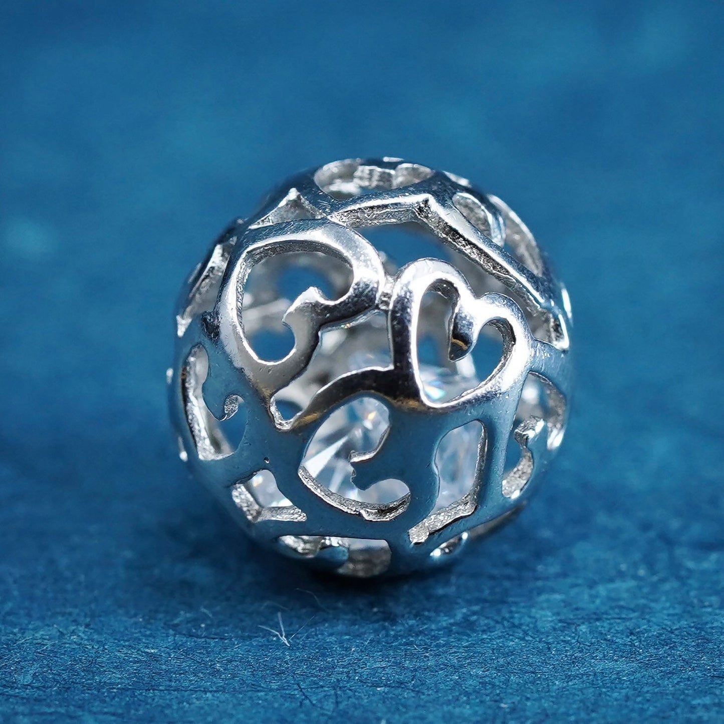 Vintage sterling silver handmade pendant, 925 heart bead charm with cz
