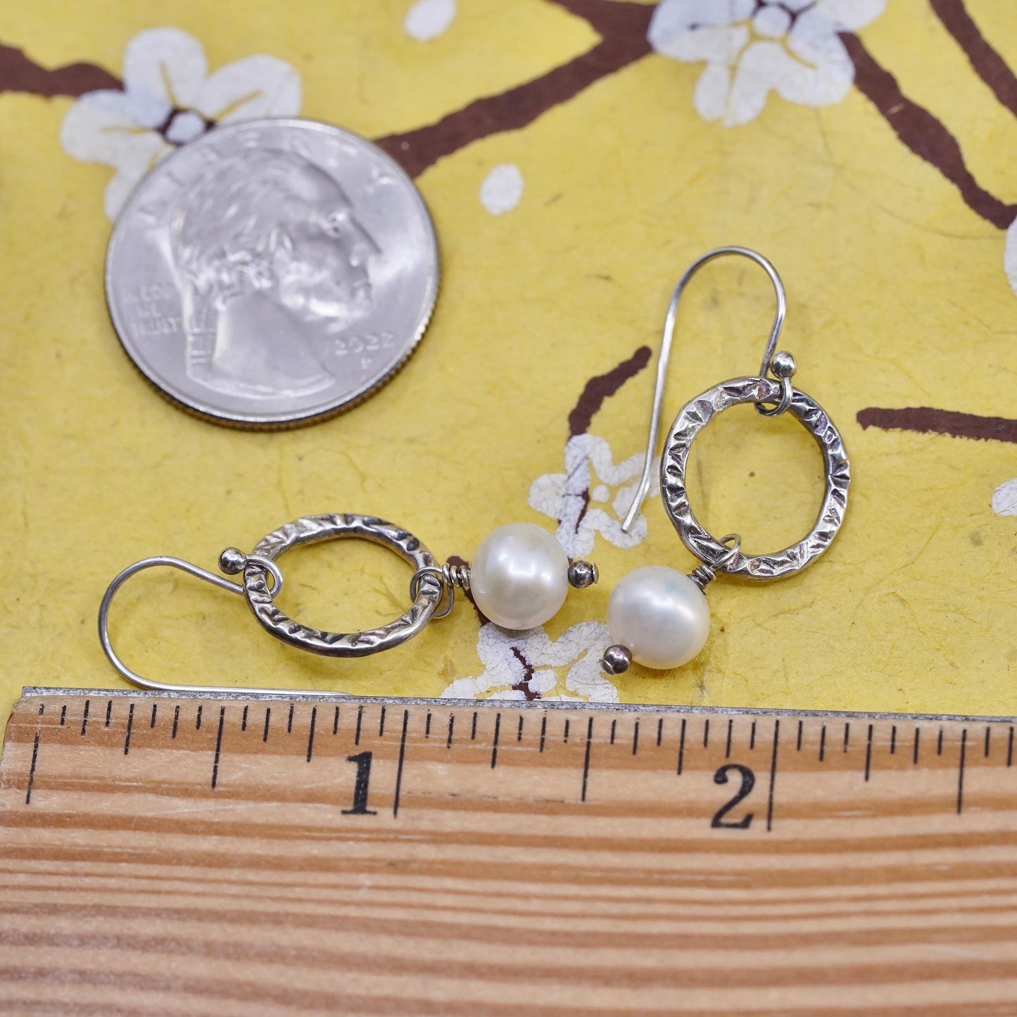 Vintage Sterling silver handmade earrings, 925 circle with pearl drops