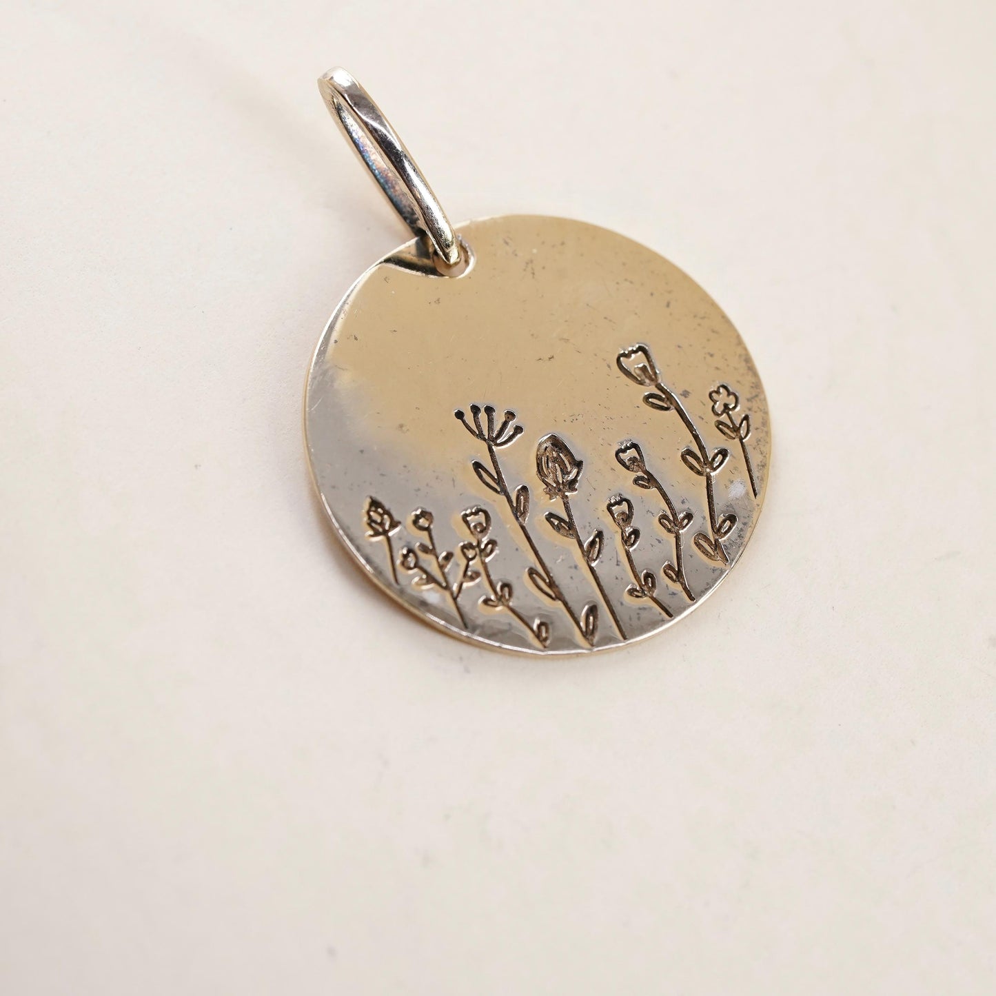 Vintage gold plated Sterling silver pendant, 925 tag charm embossed wildflowers