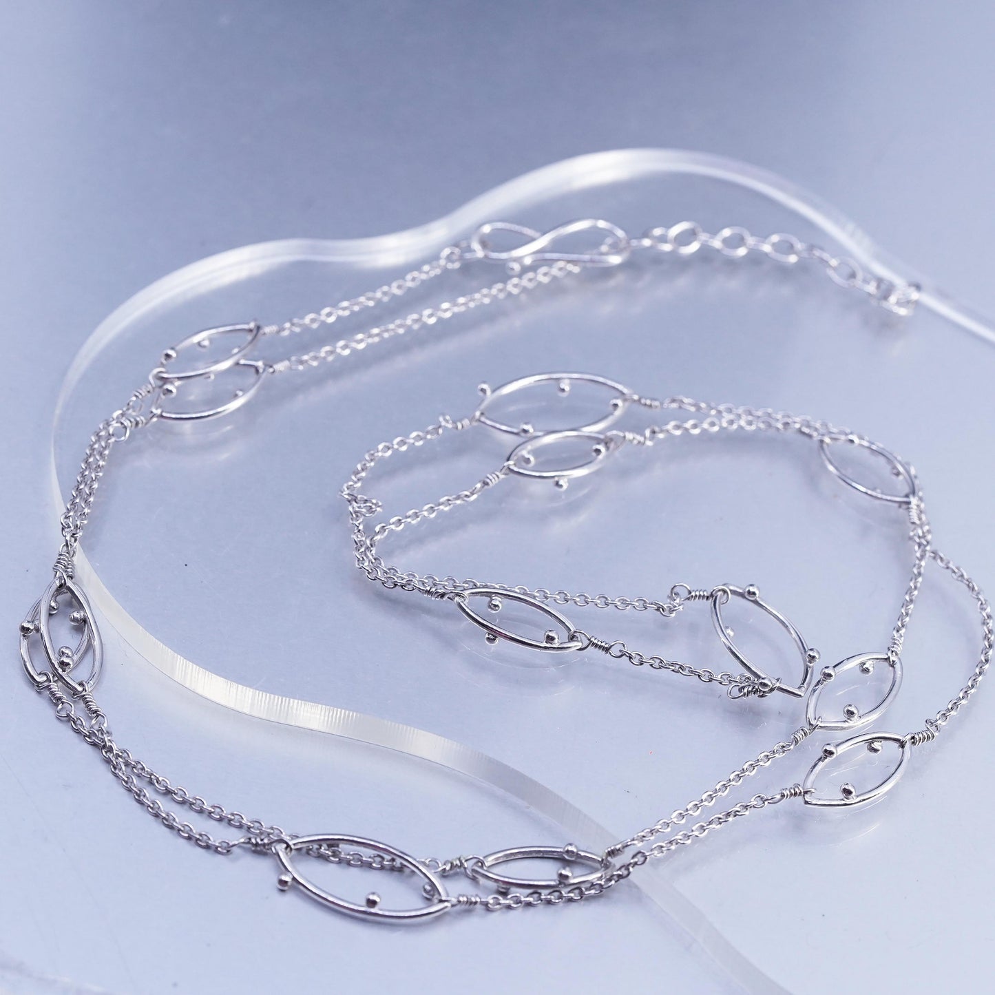 36+2", vintage Sterling 925 silver extra long circle necklace marquise beaded