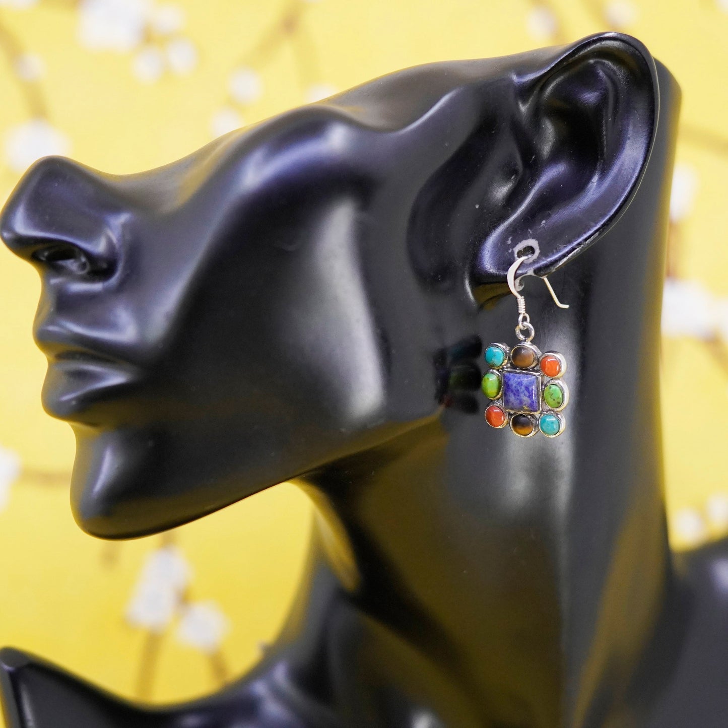 Sterling 925 silver handmade square earrings with Sodalite turquoise and coral
