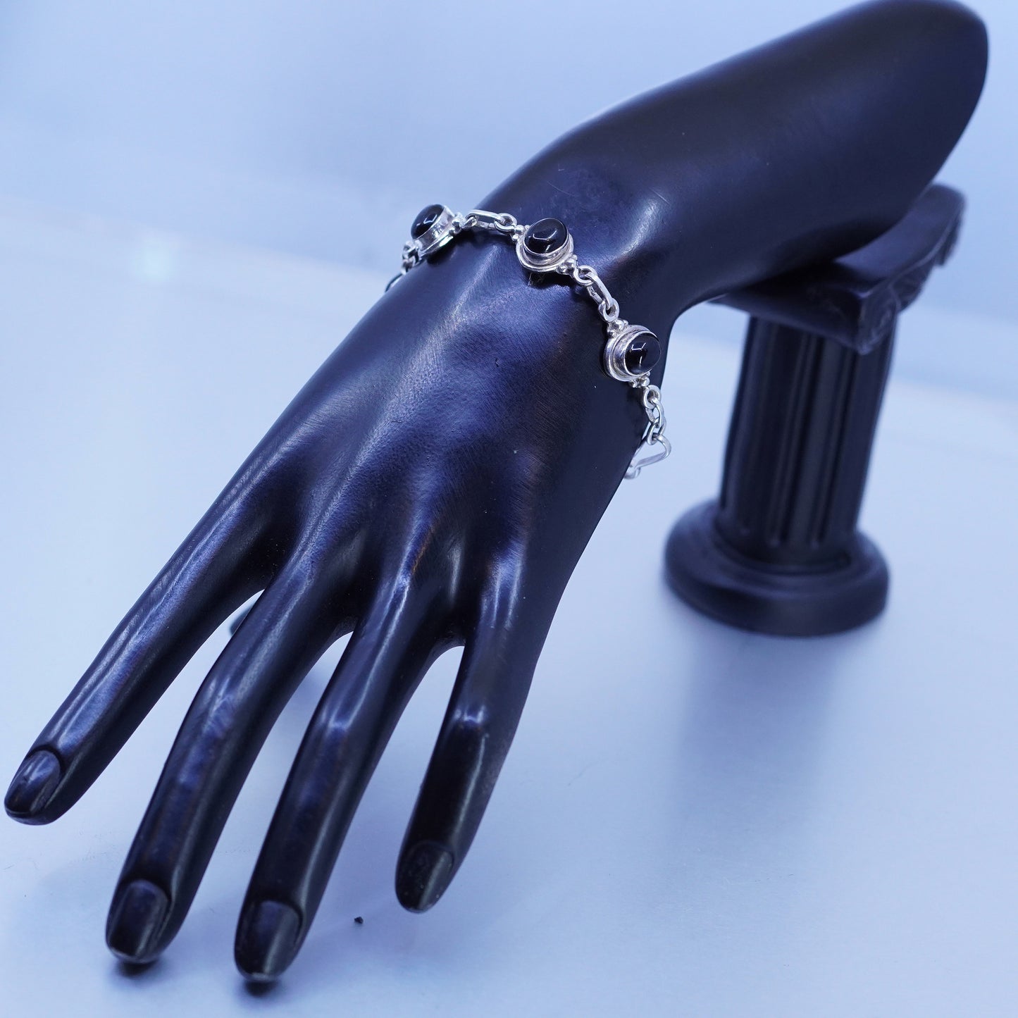 7”, Vintage mexico sterling 925 silver handmade bracelet with black onyx inlay