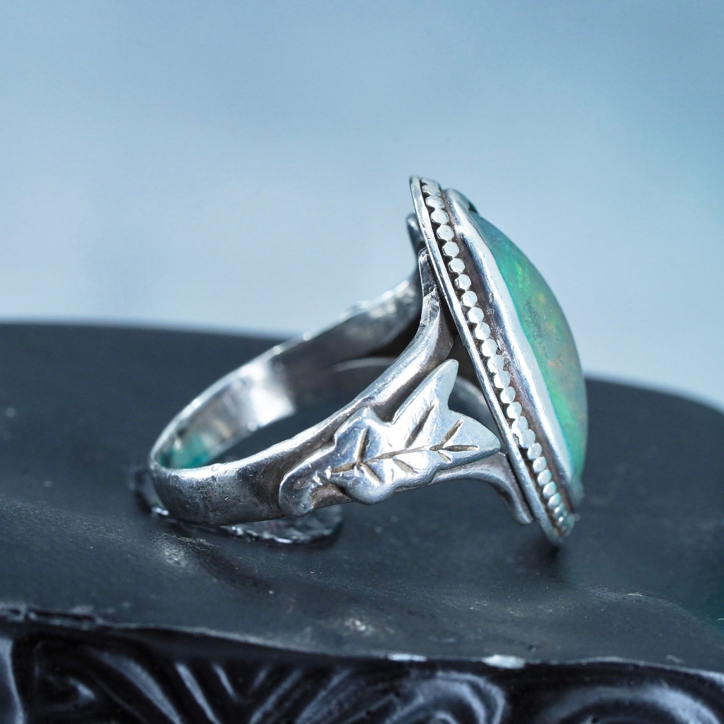 Size 7, vintage Sterling 925 silver handmade ring with marquise shaped opal