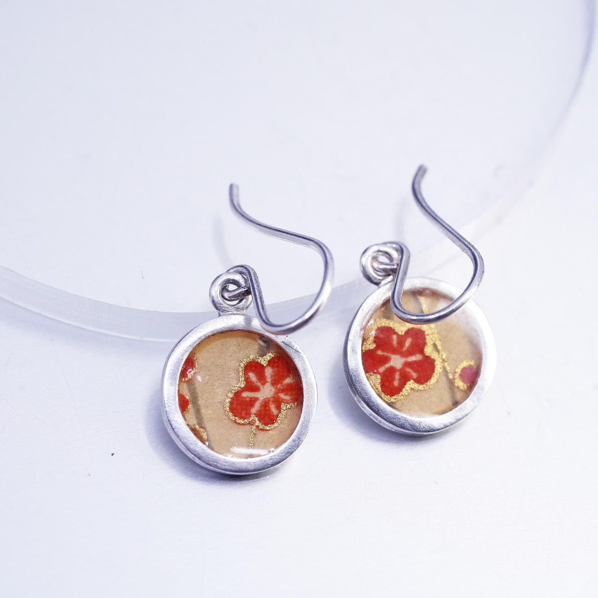 Susan Fleming Sterling 925 Silver Earrings, solid 925 silver Resin Flower paint
