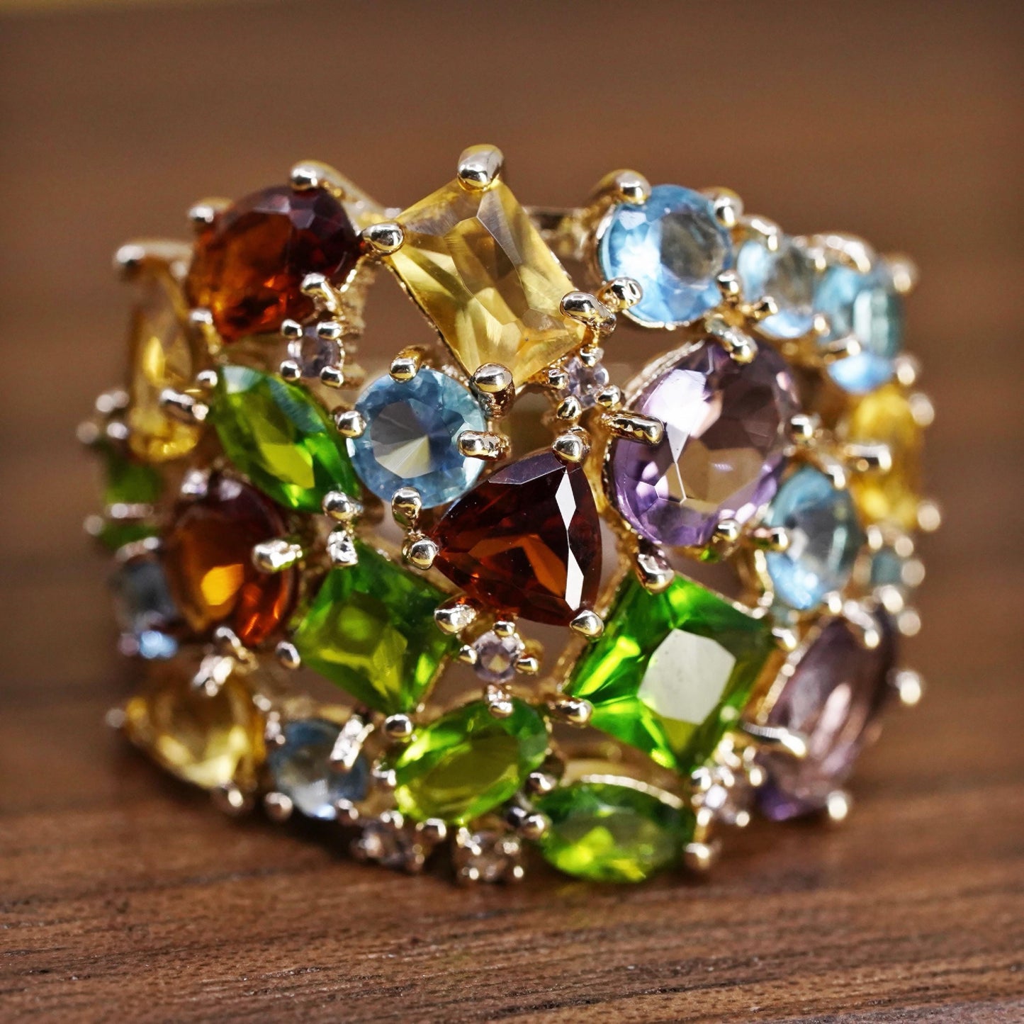 Size 9.75, yellow gold plated Sterling 925 silver ring citrine ruby peridot