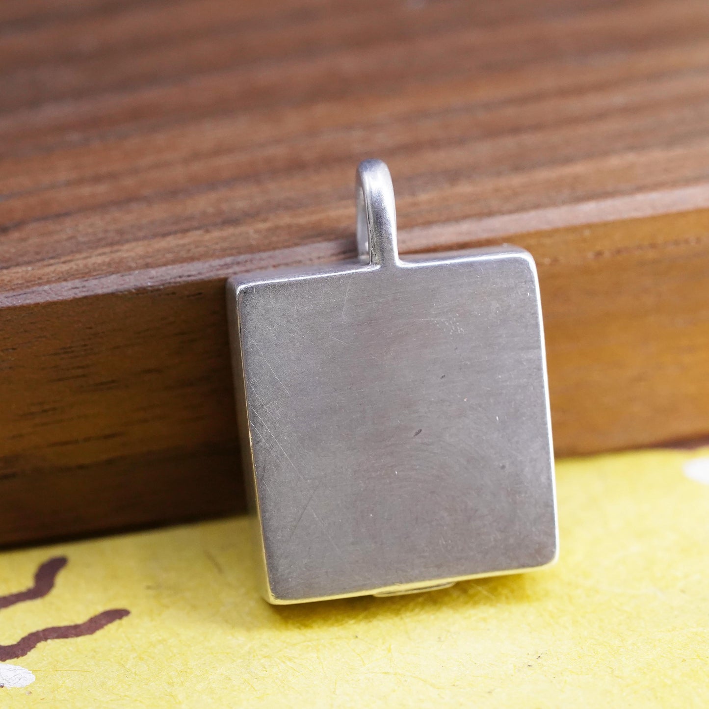 Vintage matte Sterling 925 silver square shaped pendant with resin flower