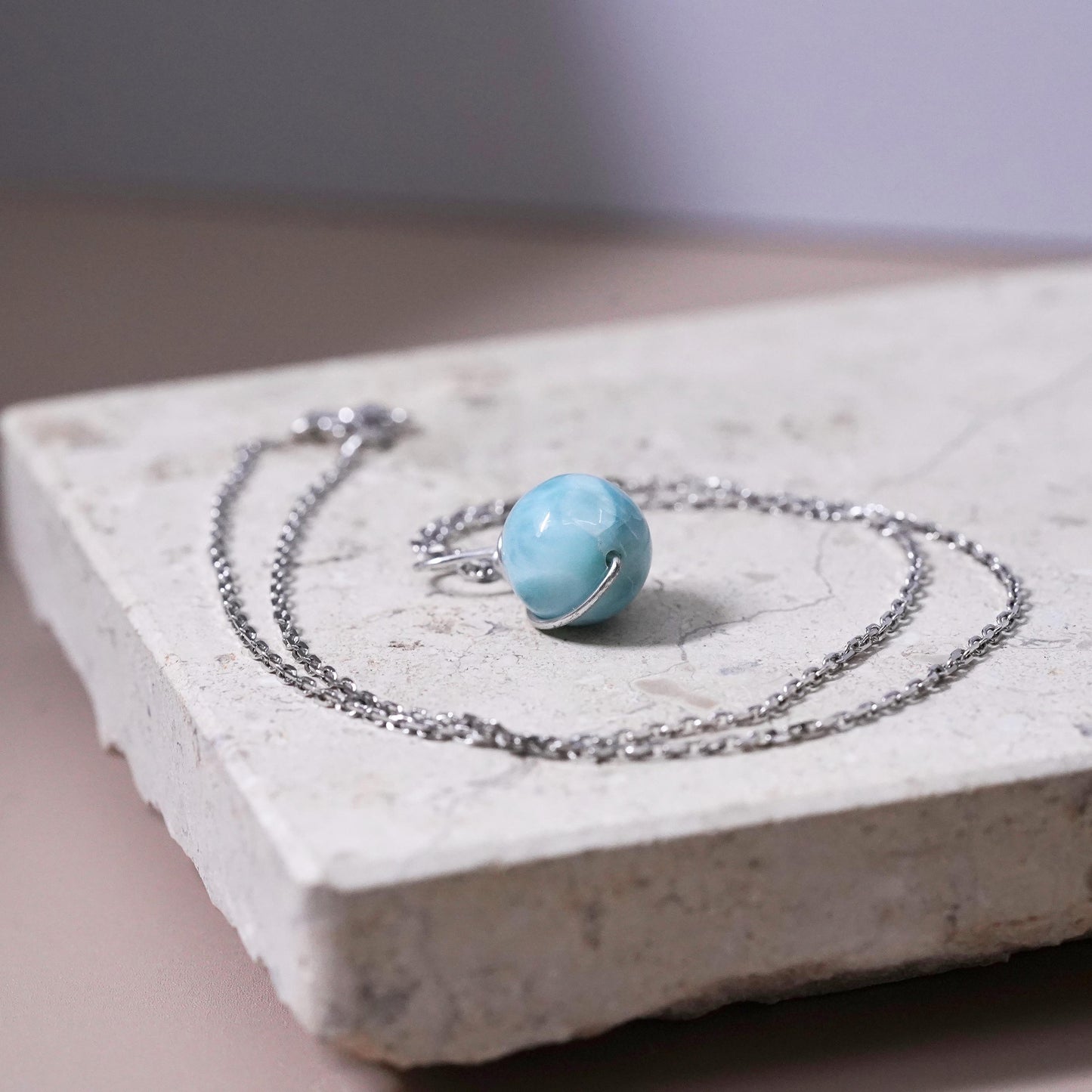 16", vintage Sterling silver necklace, 925 circle chain larimar bead pendant