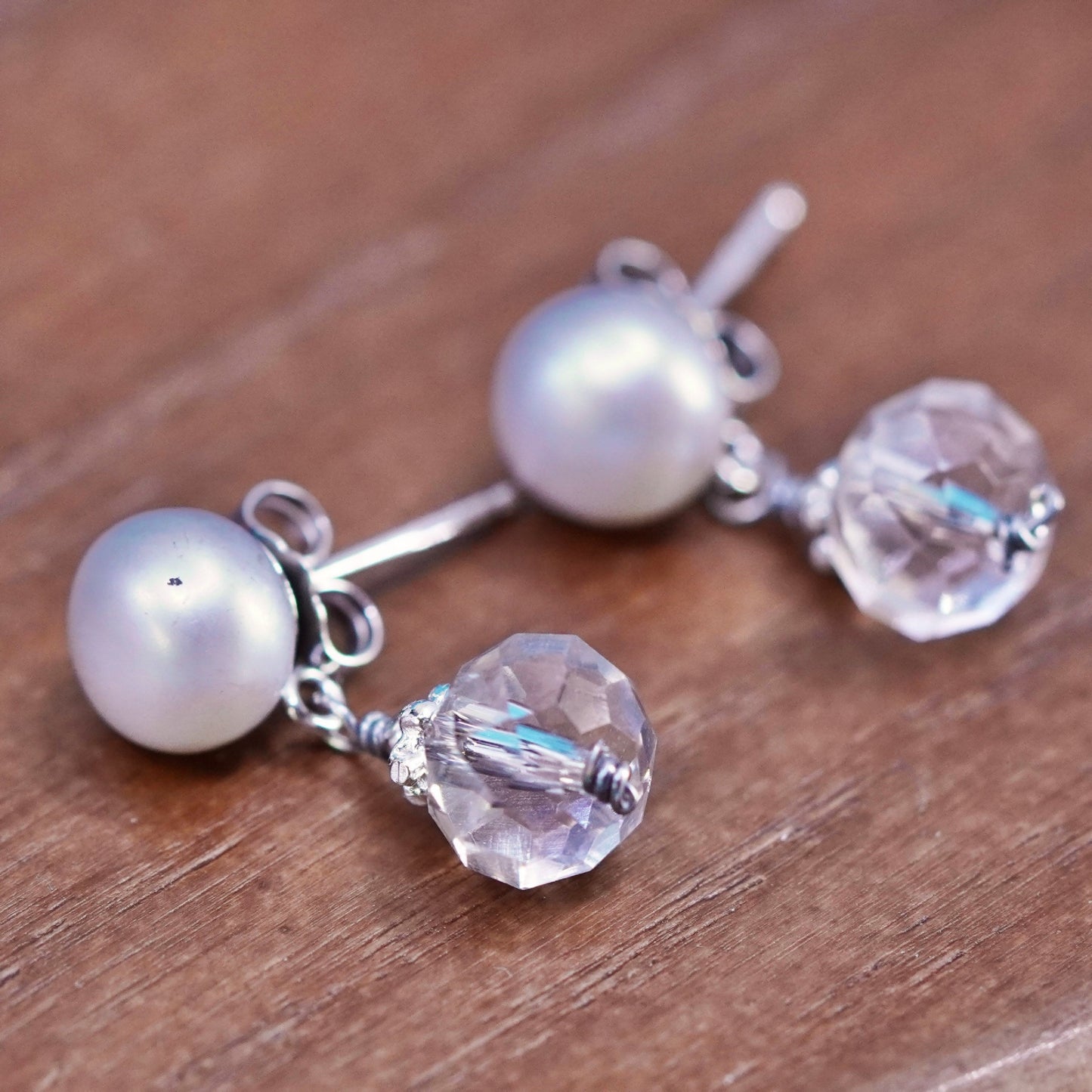 Vintage Sterling silver 925 handmade earrings with pearl and crystal