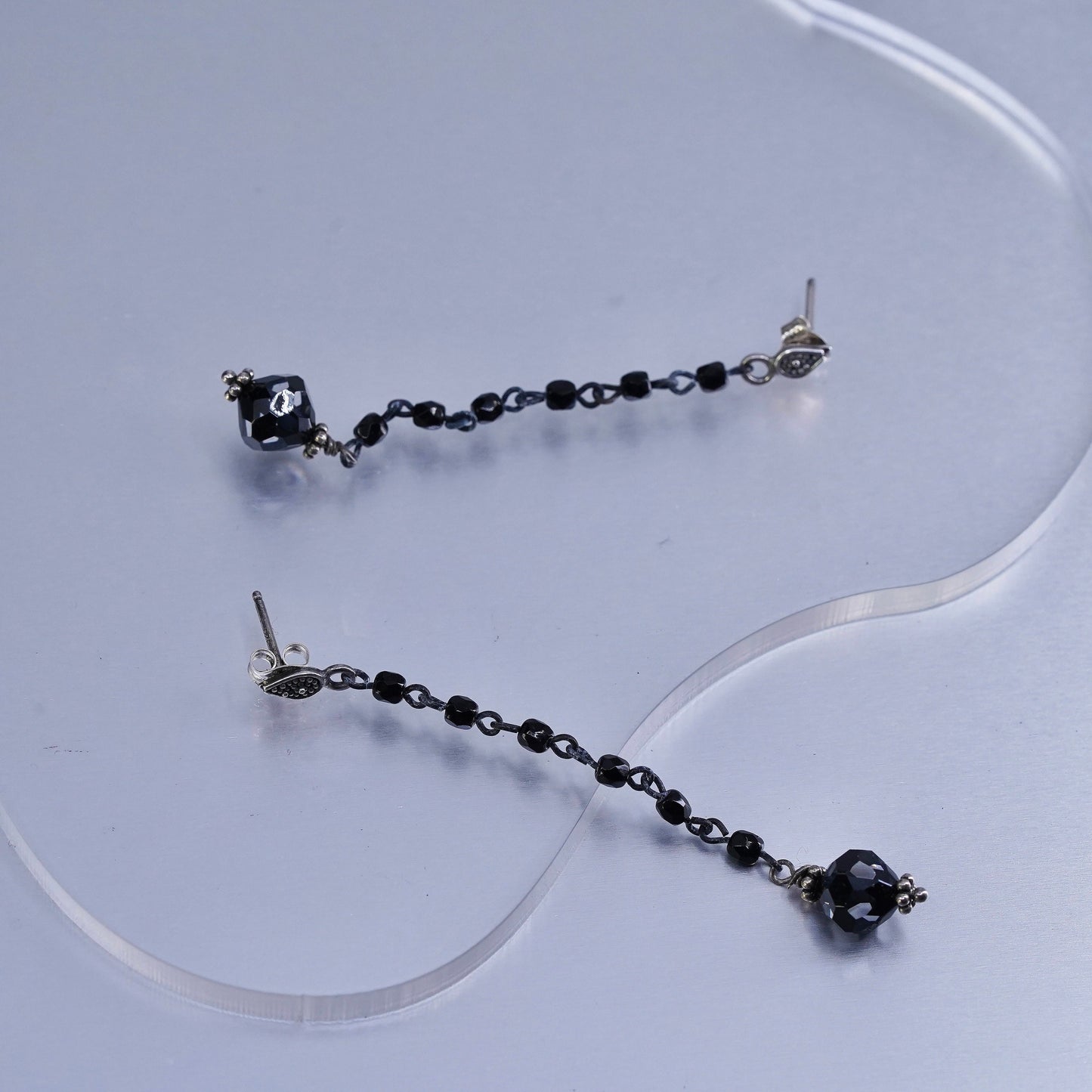 Vintage Sterling 925 silver handmade earrings with black crystal beads