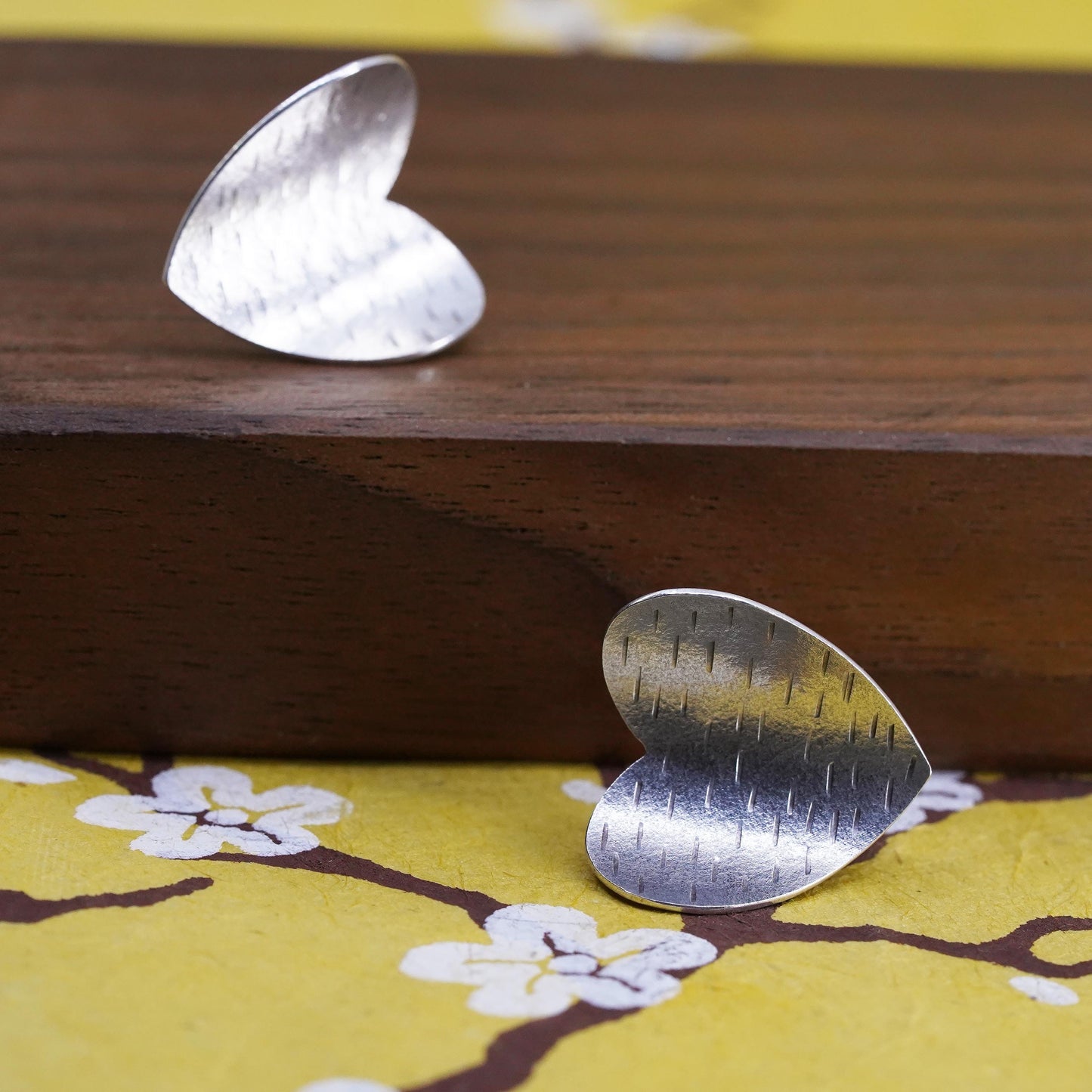 Vintage Sterling silver handmade earrings, textured 925 heart studs