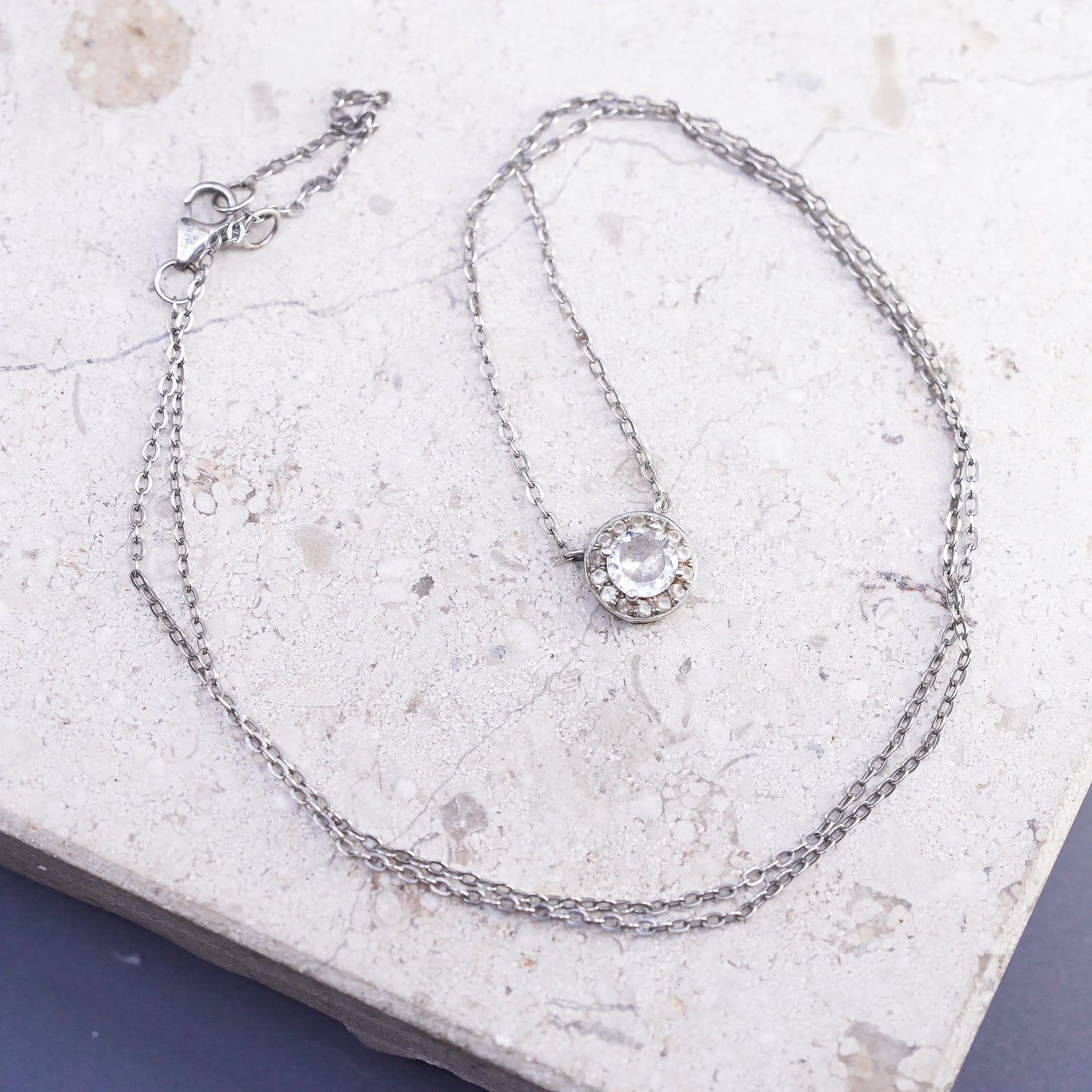 16+2", vintage Sterling silver necklace, 925 circle chain cluster cz pendant